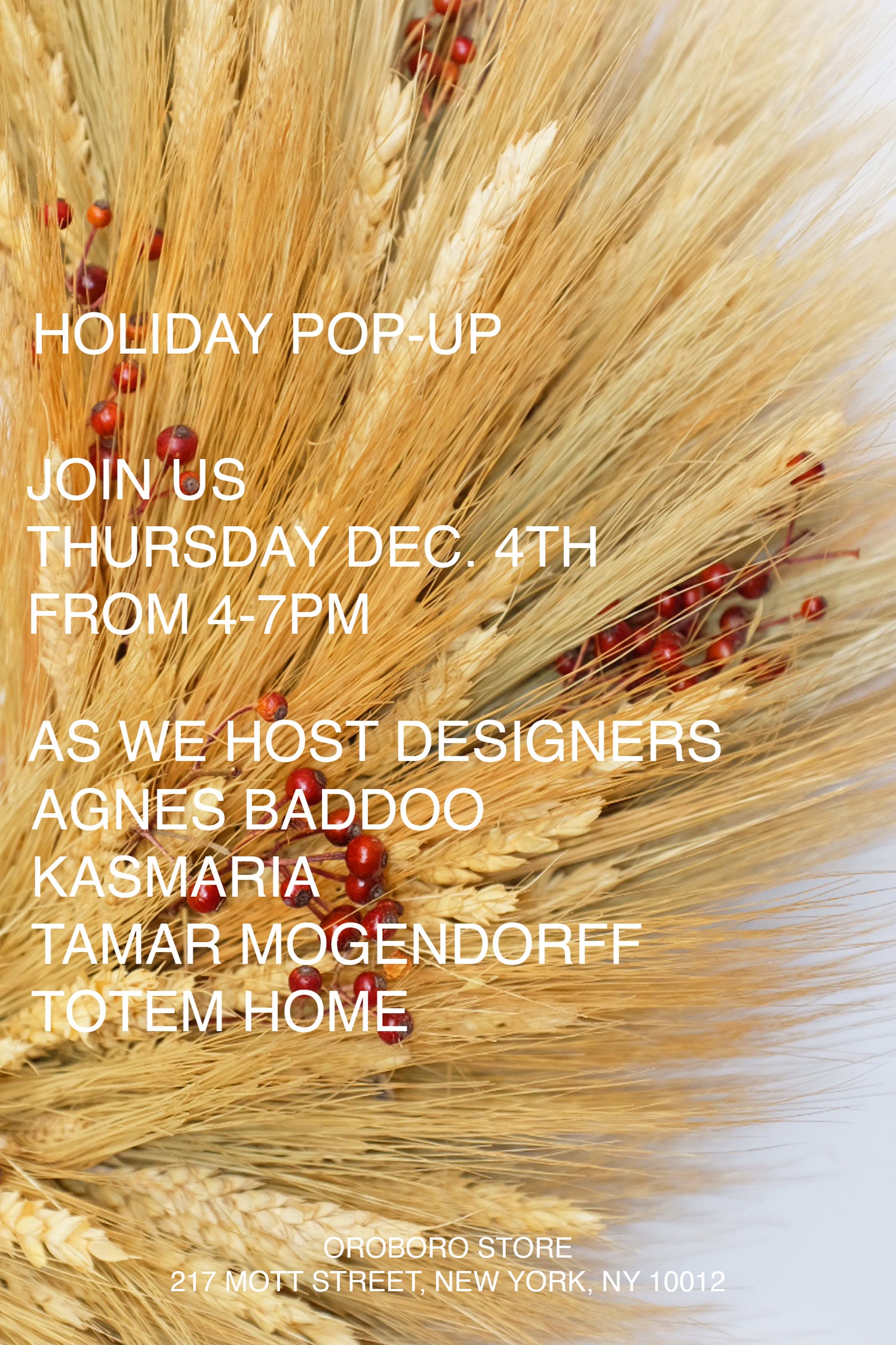 A poster for a holiday pop-up at Oroboro with a straw wreath background.