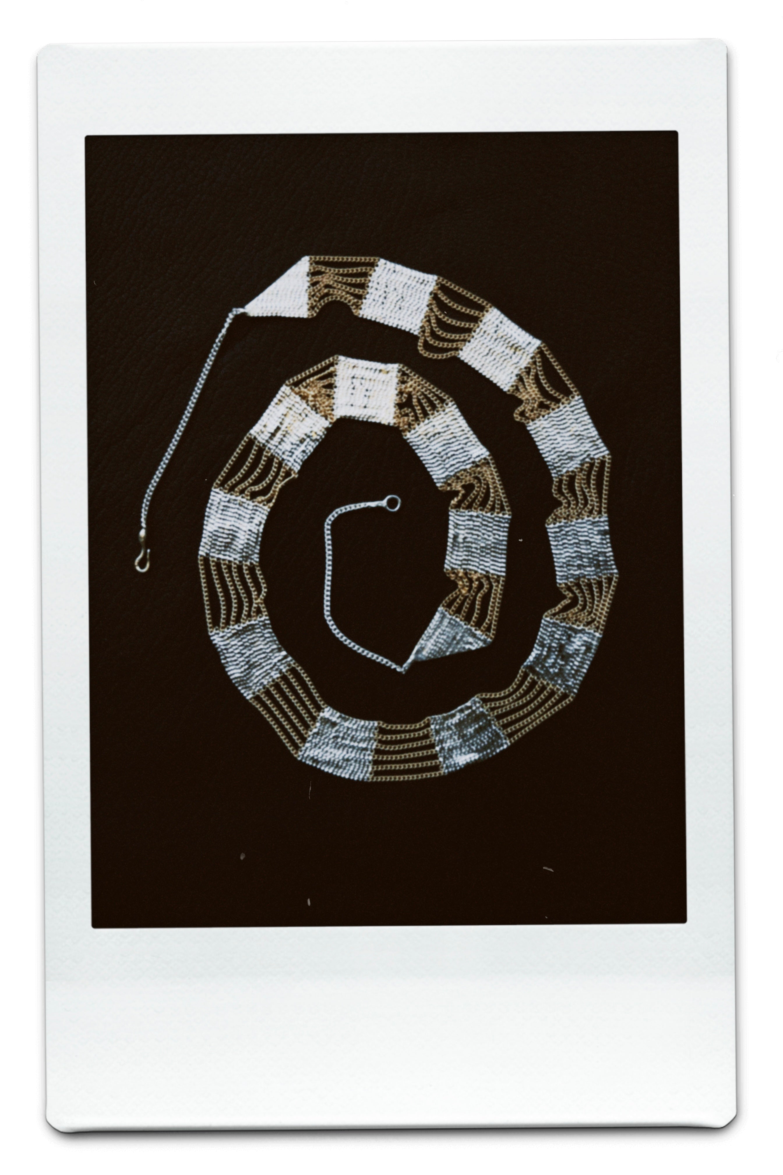 A polaroid of Hannah Keefe's Train Necklace in Brass and Silver