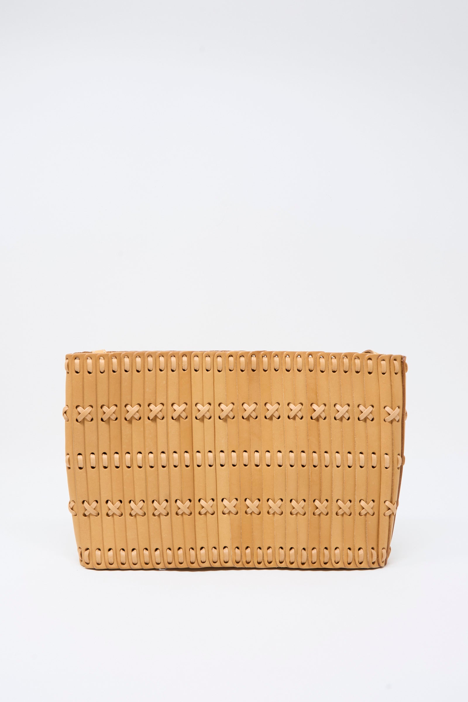 The Hatori Leather Shoulder 60 Bag in Natural with Tan Lacing is a rectangular clutch meticulously handcrafted from vegetable-tanned leather, featuring vertical slats and crisscross lacing details, showcased against a plain white background.