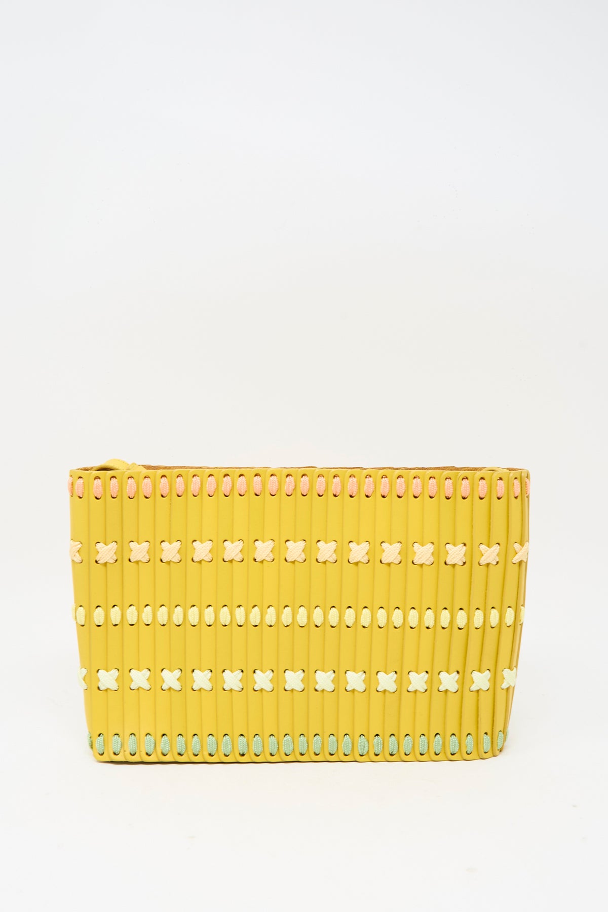 Handcrafted in Japan, the Hatori Leather Shoulder 60 Bag Artist Edition with Holly Coulis in Yellow is a rectangular bag featuring vertical panels of vegetable-tanned leather woven with cream-colored cord.