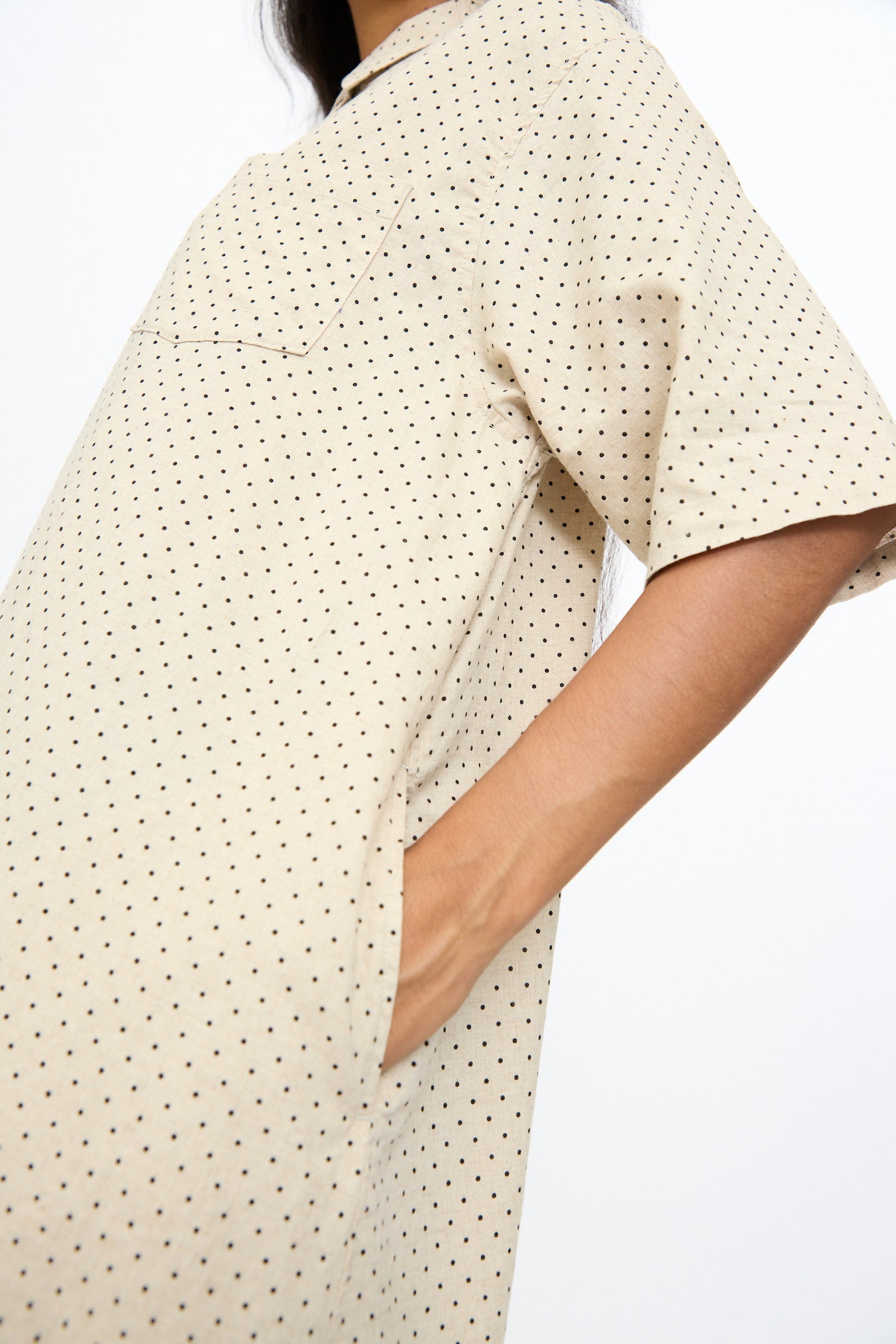 Model wearing the Ichi Antiquités Cotton Linen Dot Dress in Natural, featuring a polka dot pattern and a side pocket.