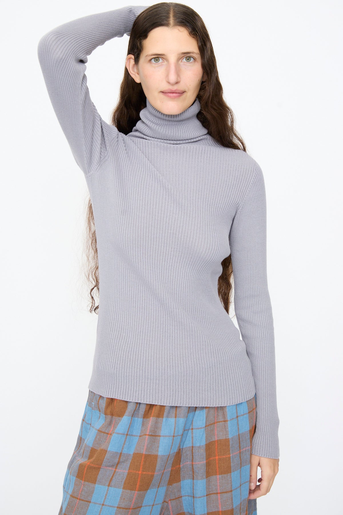 Ichi Antiquités Cotton Rib Turtleneck in light gray, featuring a slim-fit, ribbed design in a cotton rib knit.
