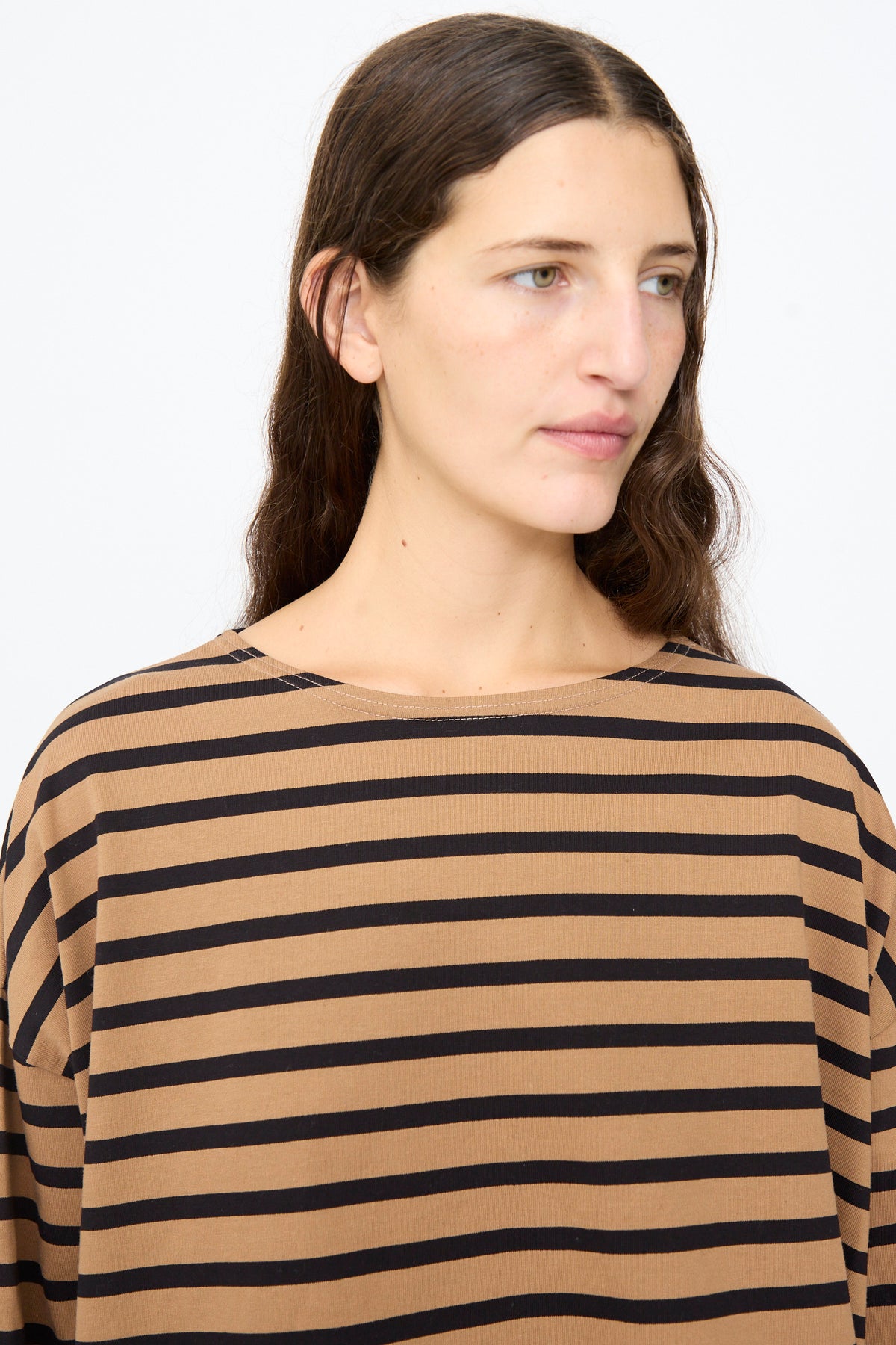 Ichi Antiquités Cotton Stripe Pullover in mocha and navy, featuring a relaxed fit and a crew neckline.