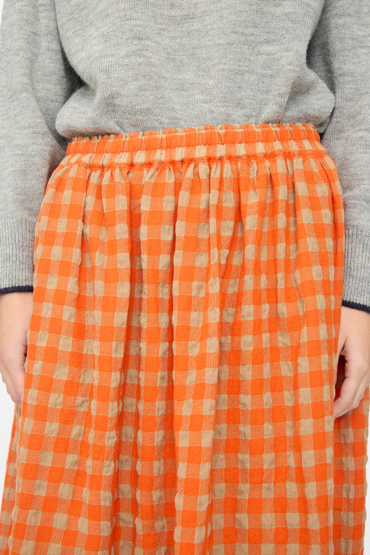 Ichi Antiquités Gingham Check Skirt in beige and orange, an A-line skirt with a gingham-check pattern and an elasticated waistband, made in Japan.
