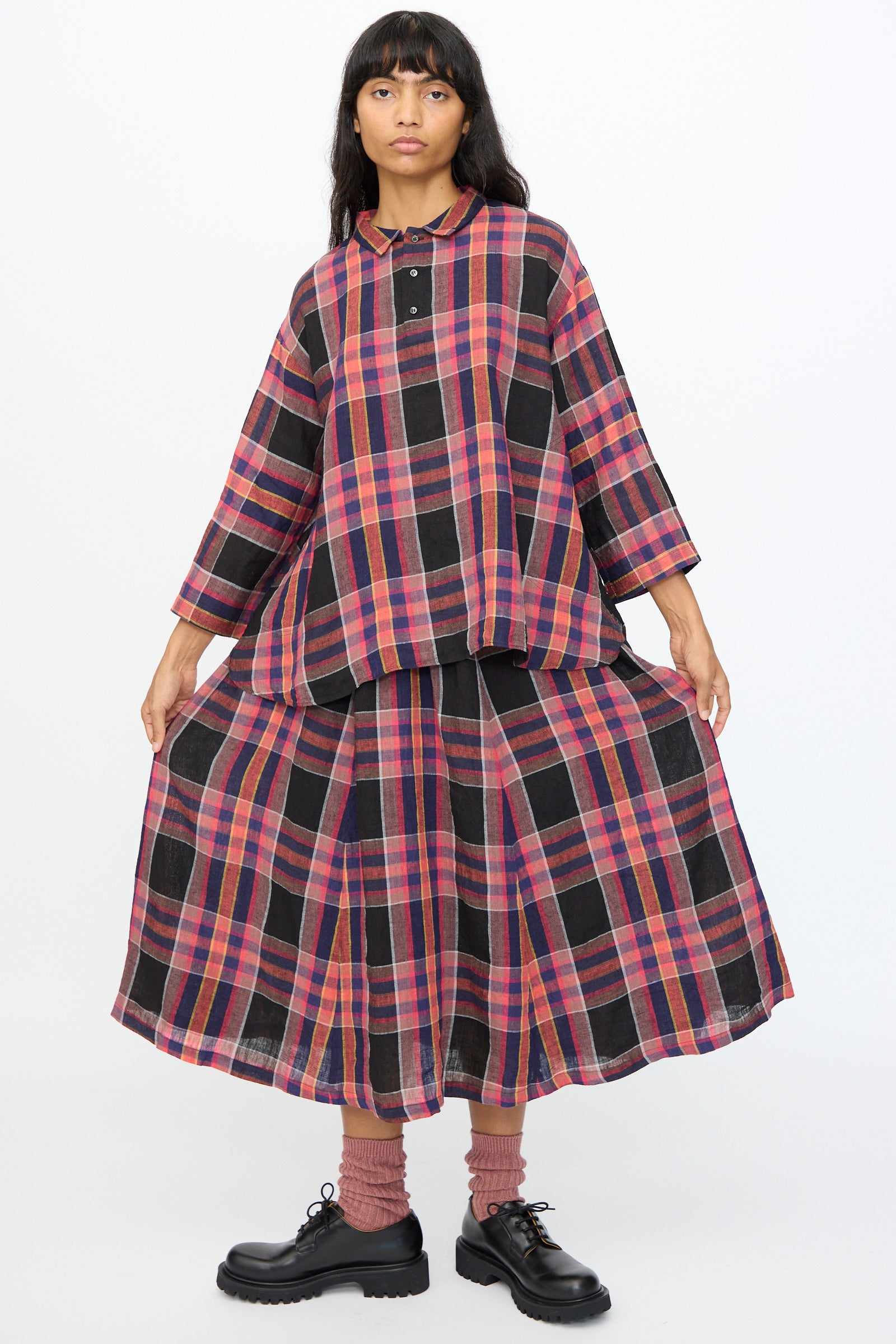 ICHI Antiquités / check linen stall Namu Shop - Ichi Antiquites Linen Gingham Check Skirt - Brown