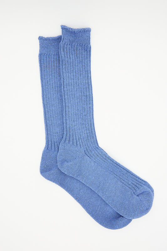 A pair of blue, Ichi Antiquités Linen Rib Socks against a white background.