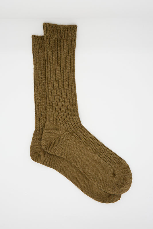 A pair of Ichi Antiquités' Linen Rib Socks in Coffee is shown laid flat on a white background.