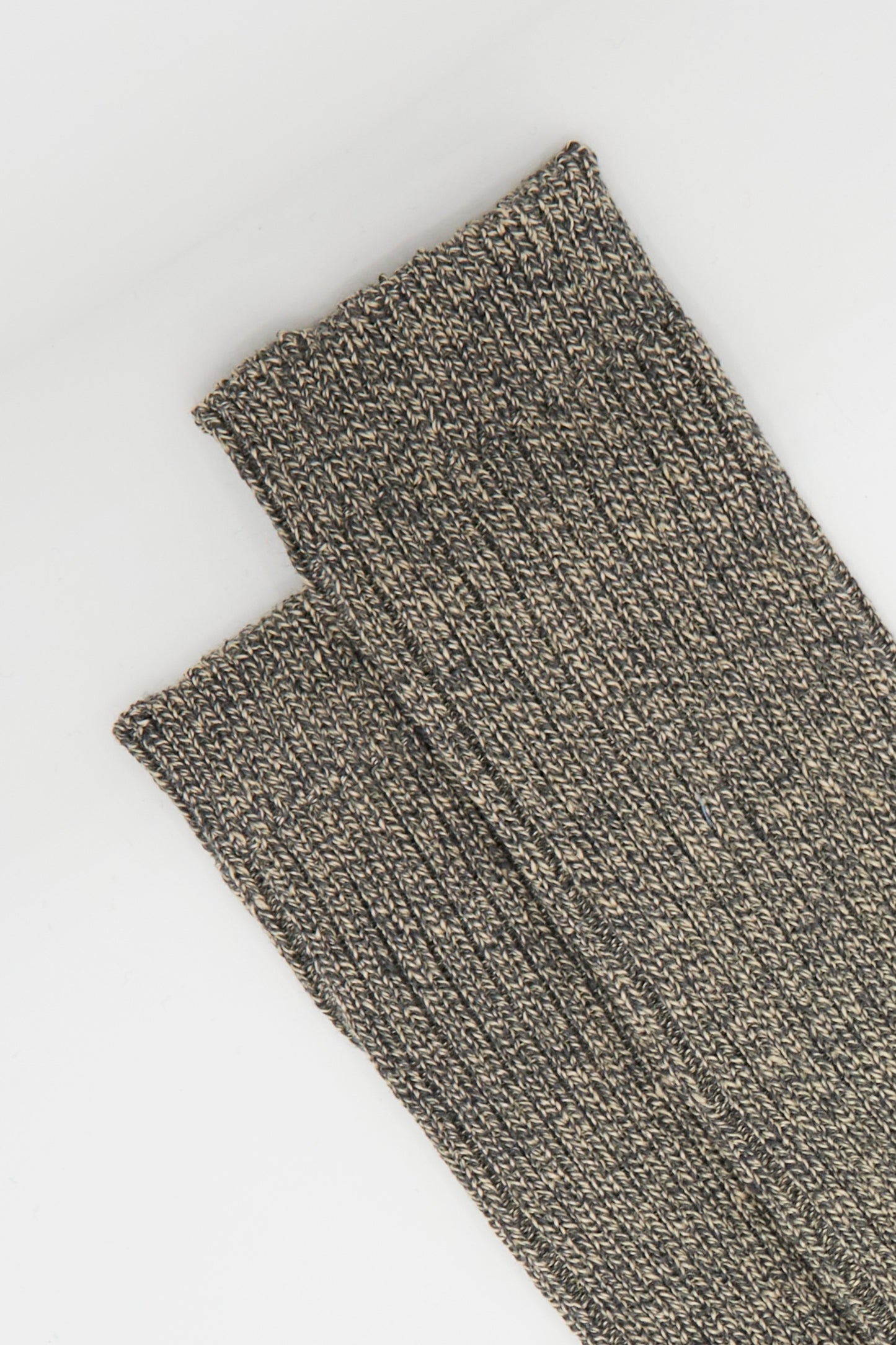 Two Mix Linen Socks in Gray by Ichi Antiquités, featuring ribbed-knit design and seamed toes, are laid parallel on a white surface.