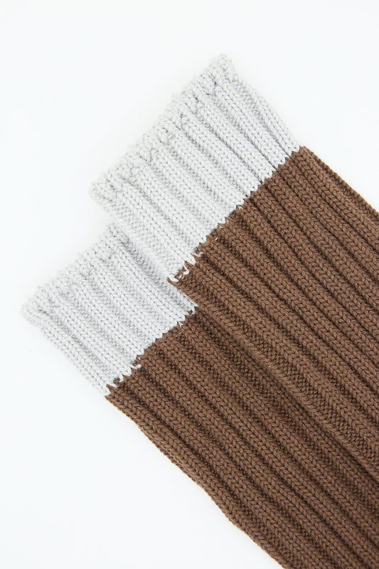 Two pairs of Ichi Antiquités Organic Cotton Rib Socks in Brown and Grey, lying flat on a white background.