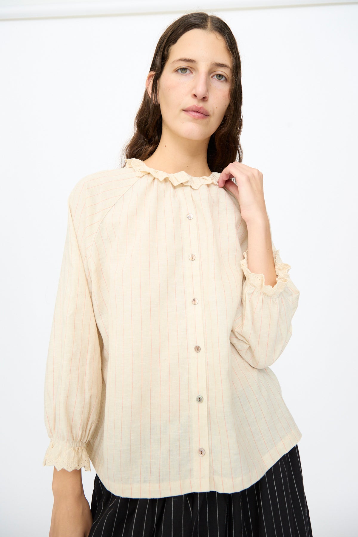 Ichi Antiquités Pinstripe Shirt in Natural: a relaxed fit, beige pinstripe linen shirt with a ruffled collar and buttoned cuffs.