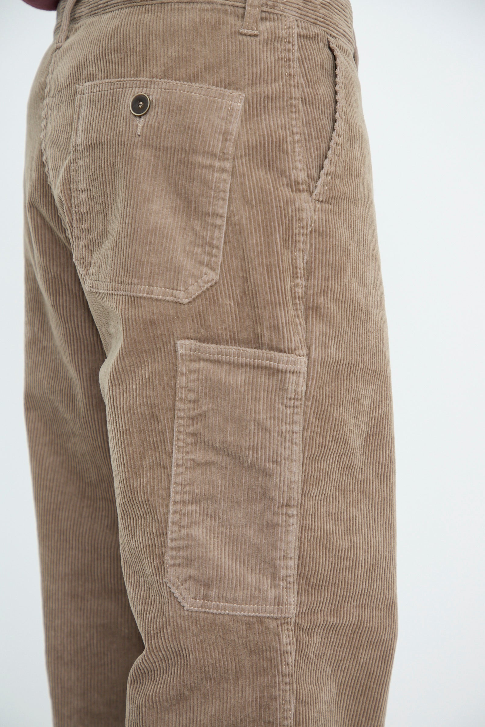 Close-up of Ichi Antiquités Stretch Call Corduroy Pants in Mocha, featuring a relaxed fit with back and side pockets, highlighting texture and stitching details.