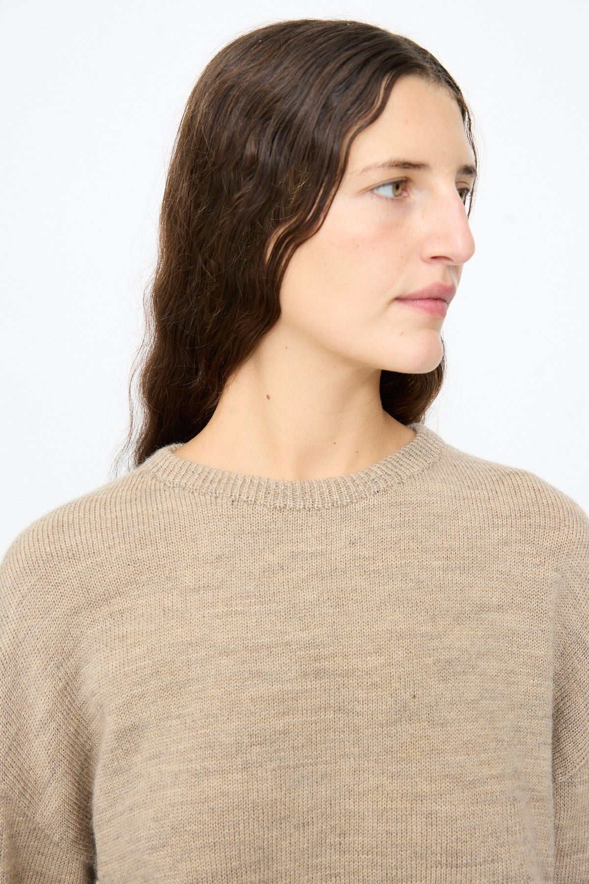 A person wearing an Ichi Antiquités Wool Pullover in Beige and Brown, a beige wool sweater with a subtle brown speckled pattern.