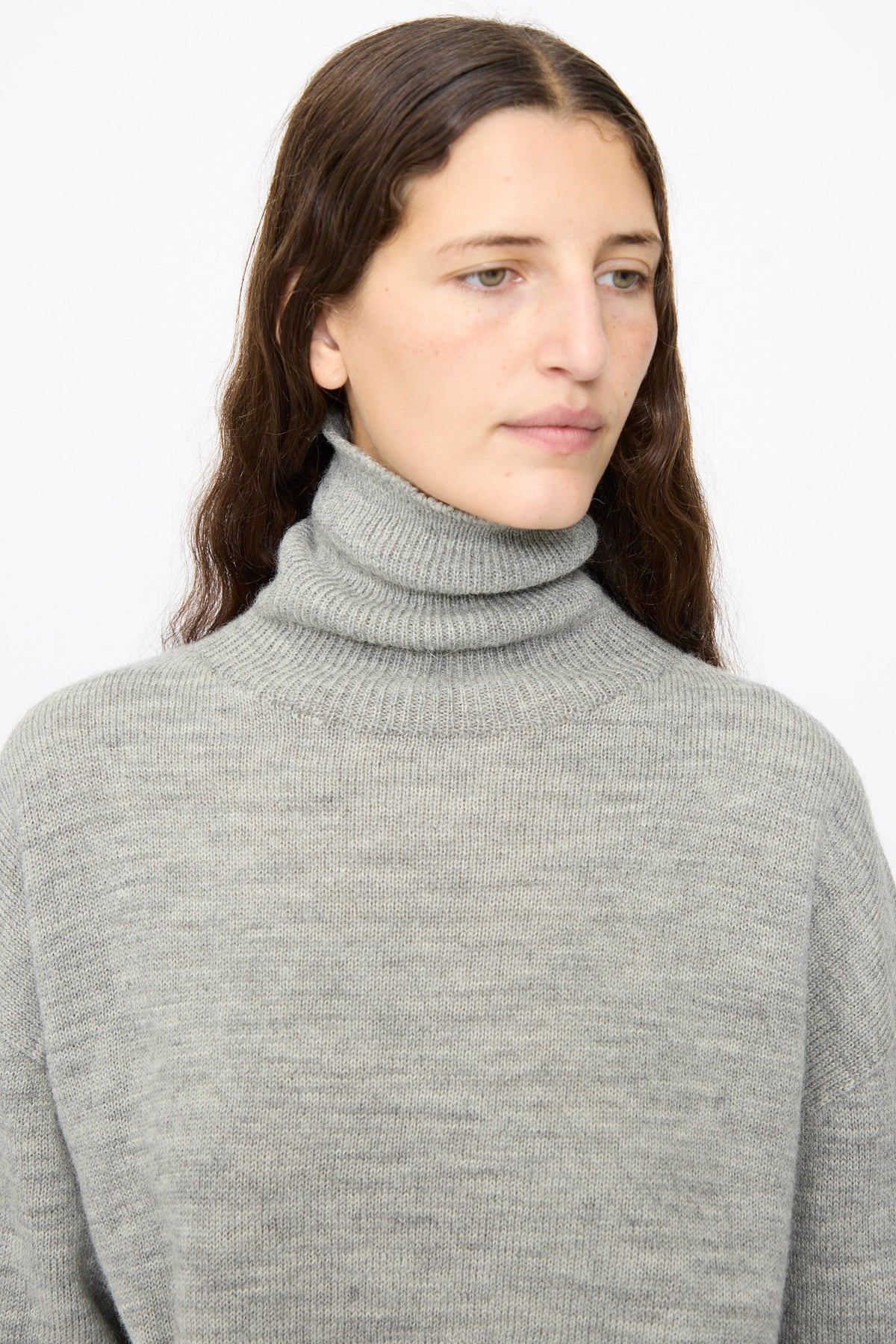 Person wearing a light gray Ichi Antiquités Wool Pullover in Gray and Navy turtleneck sweater.