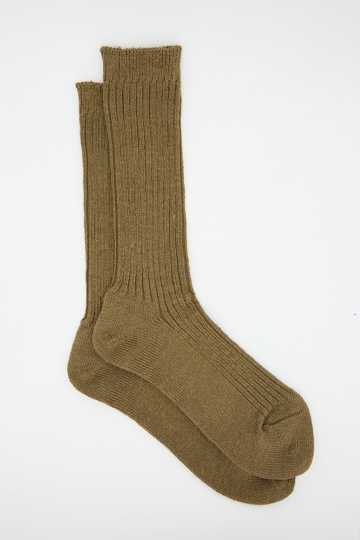 A pair of long, ribbed, Coffee colored socks made from a cozy linen blend laid flat on a white background. Linen Rib Sock in Coffee by Ichi Antiquités.