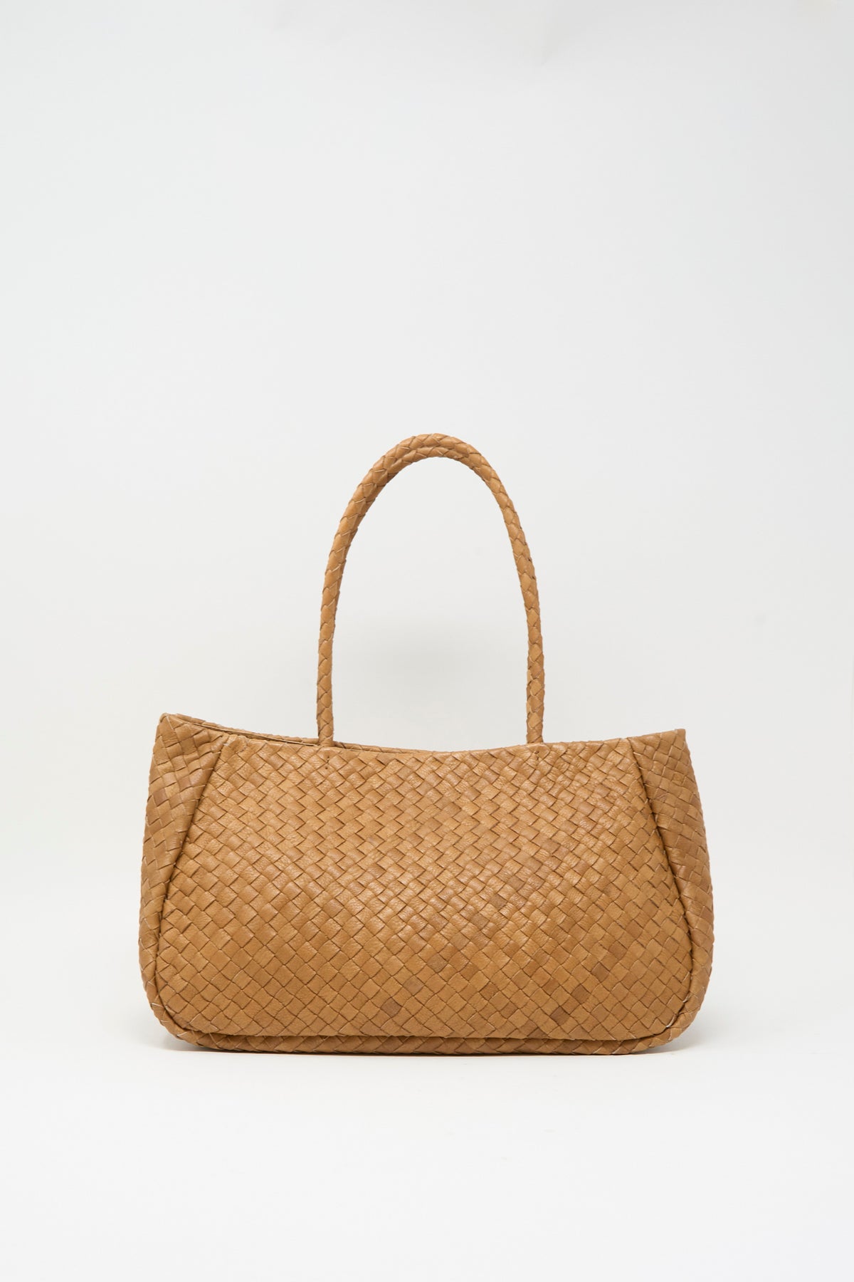 Small brown Ichi Antiquités Leather Tote Bag in Brown with a woven texture and two thin top handles.