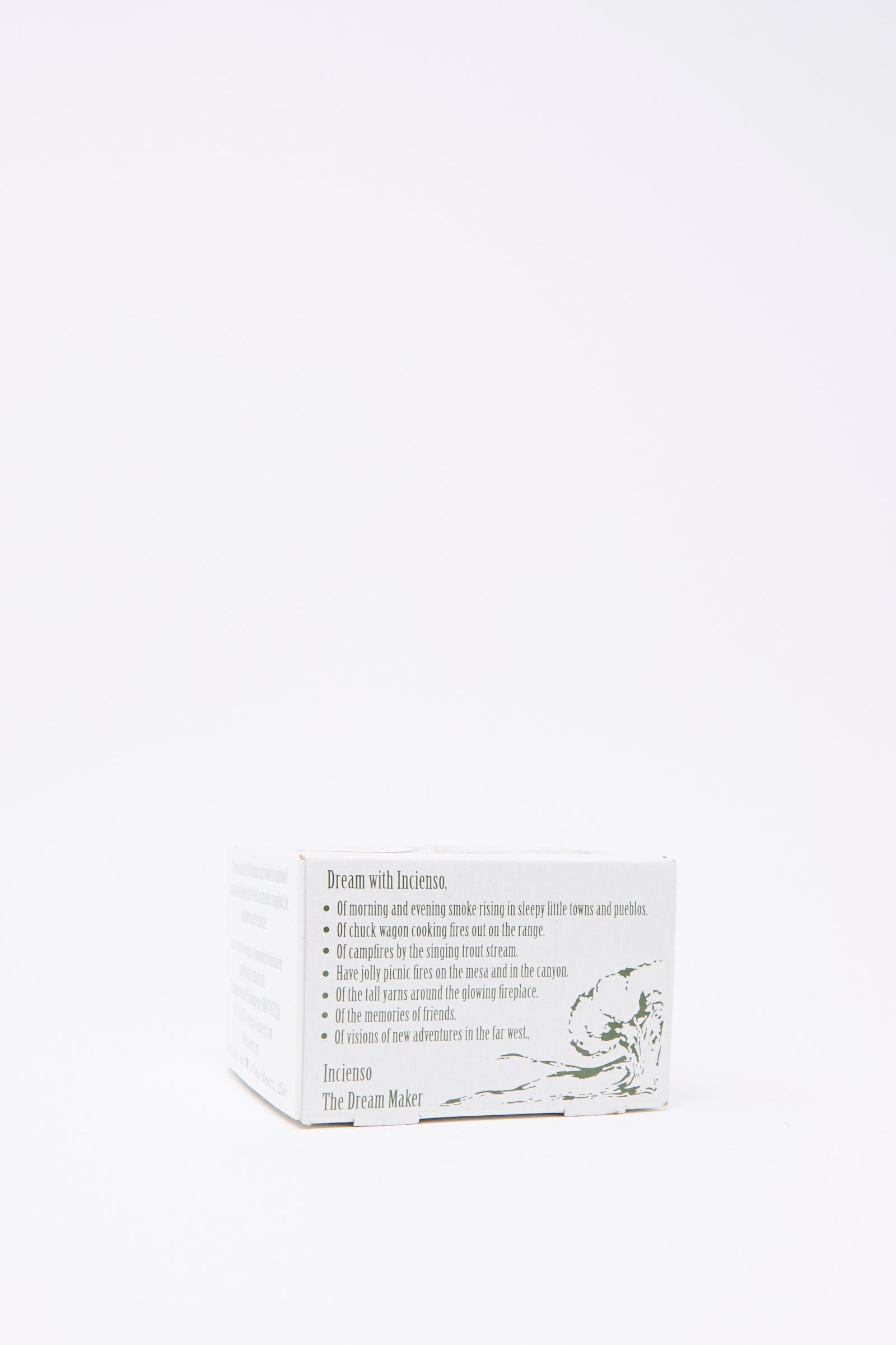 A white Piñon Incense Box from Incense of the West, featuring simple printed text and sketch on a plain background—ideal for gifting with piñon pine incense or handcrafted New Mexican clay incense burners.