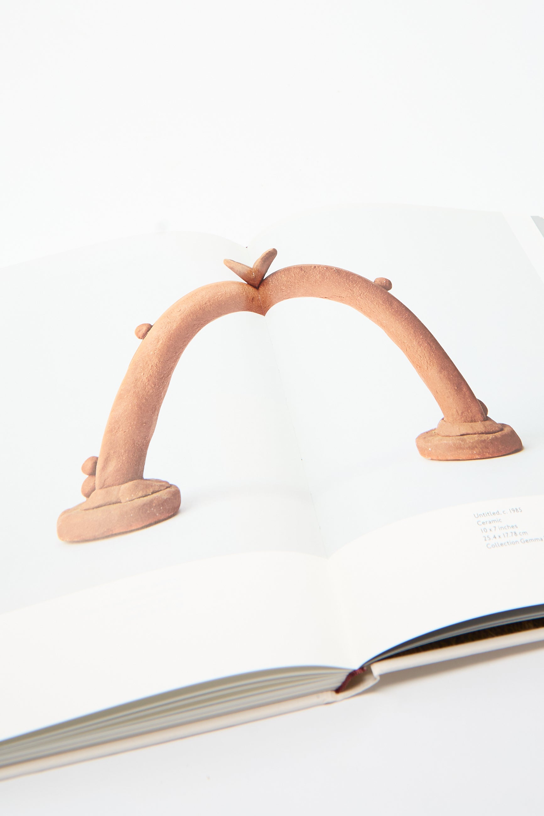 An open book showcases an archival photograph of a curved, reddish-brown sculpture by JB Blunk from the Fourth Edition collection, with a butterfly perched gracefully on top.