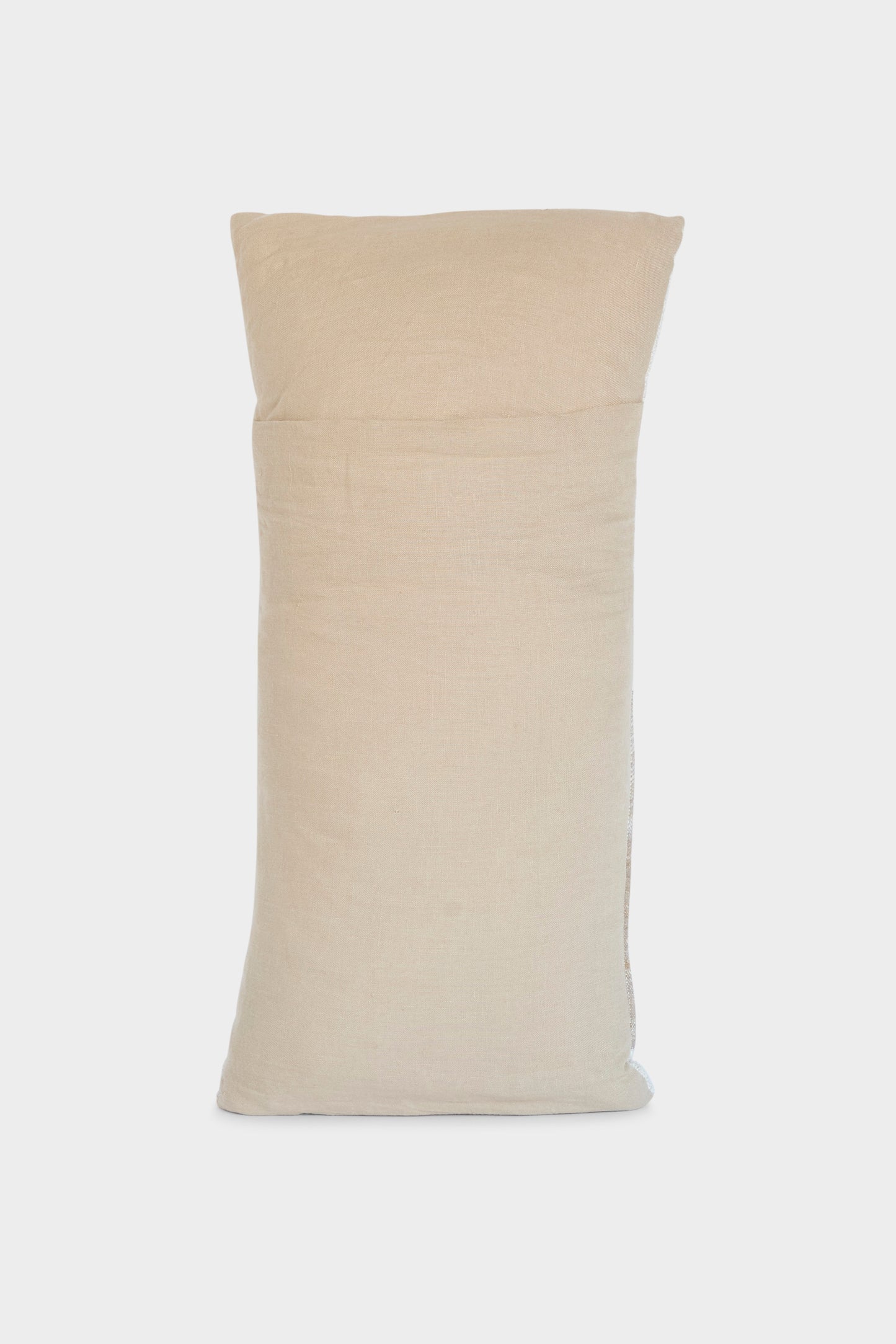 The Jess Feury Handmade Rock Slab Pillow in Neutral and Olive stands upright against a plain white background.