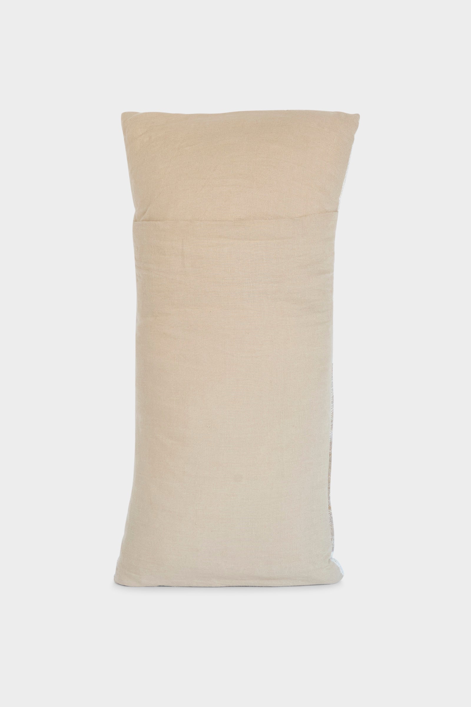 The Jess Feury Handmade Rock Slab Pillow in Neutral and Olive stands upright against a plain white background.
