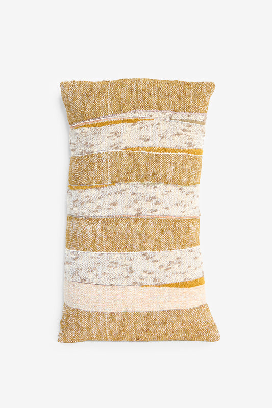 The Handwoven Boucle Slab Pillow in Golden by Jess Feury is a rectangular pillow made in California, featuring horizontal stripes in white, beige, and mustard yellow on a white background.