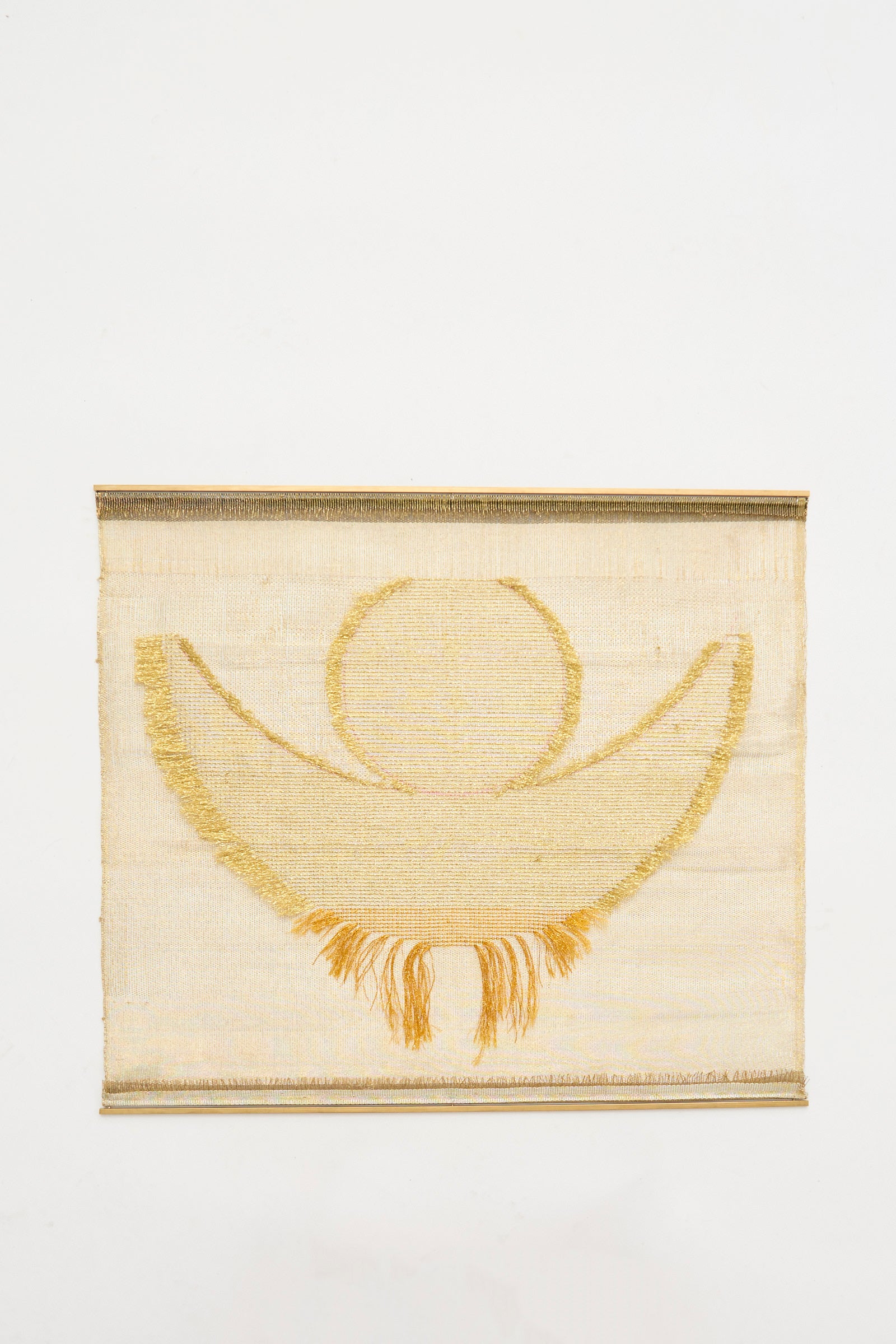 The Hermes Crescent Moon Weaving by Justine Ashbee is a handmade UK wall hanging with a gold circle, crescent moon motif, and short fringe. 
