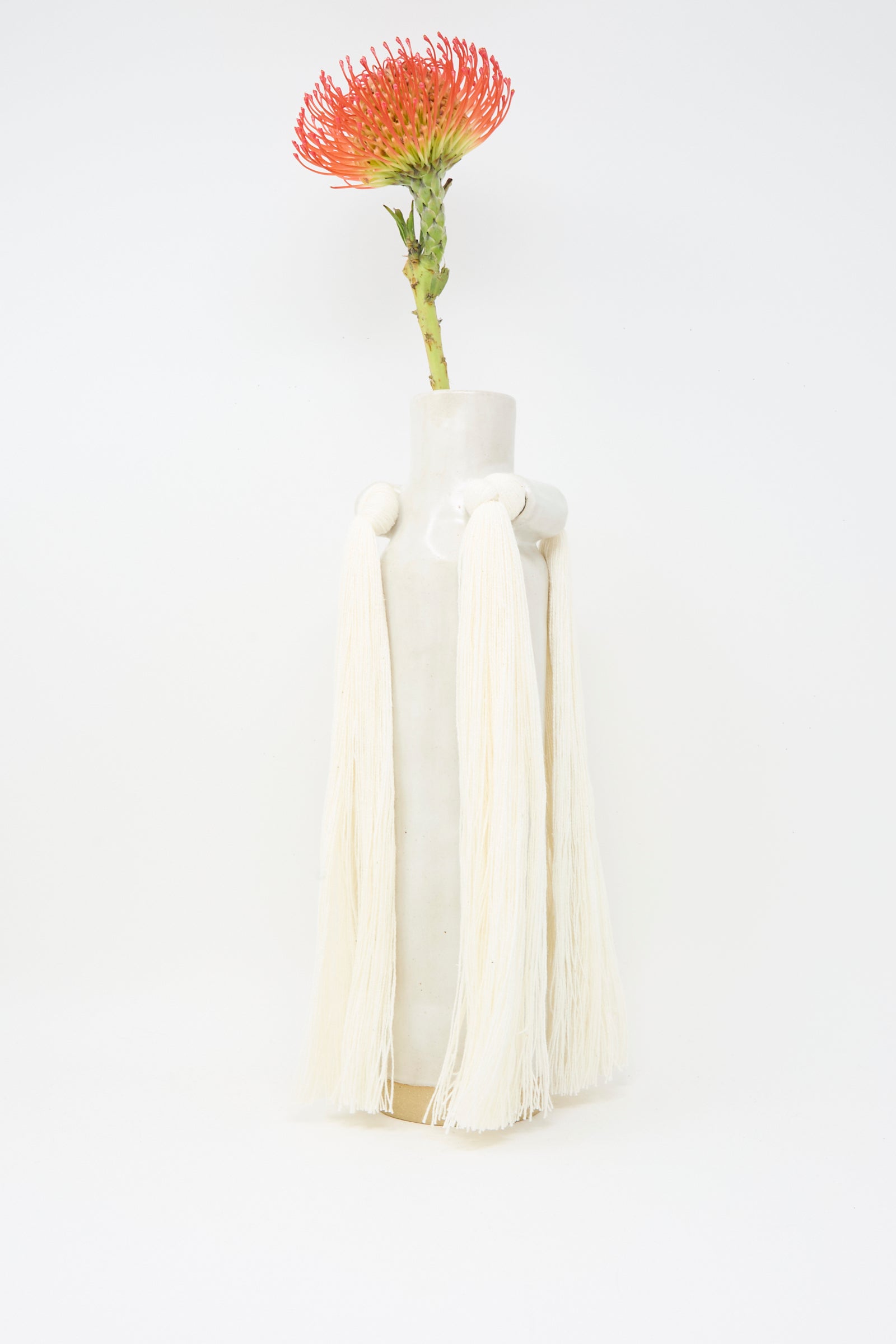 A single orange protea stands in Karen Tinney’s Vase #703 in White, a tall handmade stoneware piece with long white tassels, set against a plain white background.