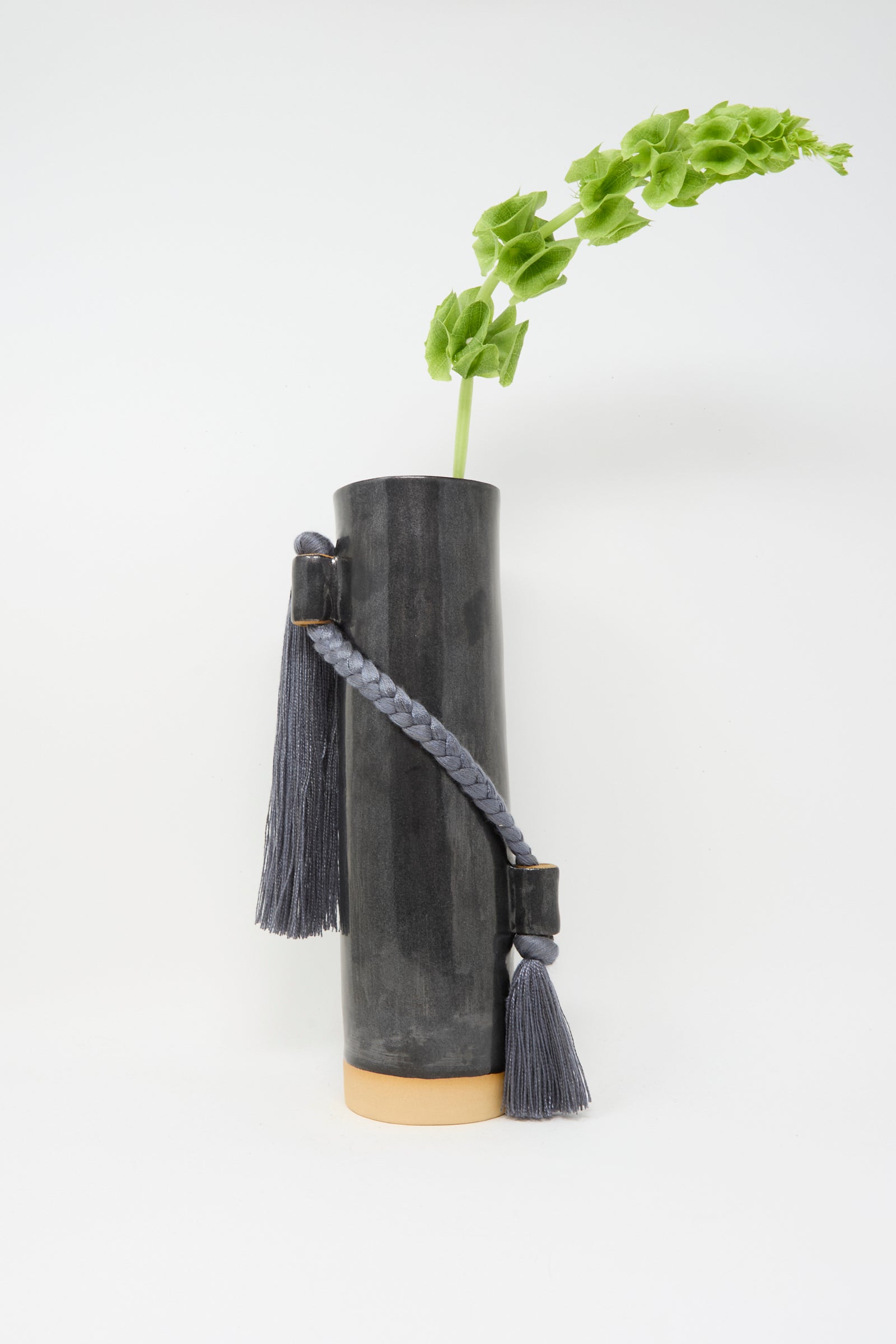A single green stem in Karen Tinney’s Vase #695 in Black—a tall, handmade black stoneware piece with a beige base and a gray braided cord tied with tassels.