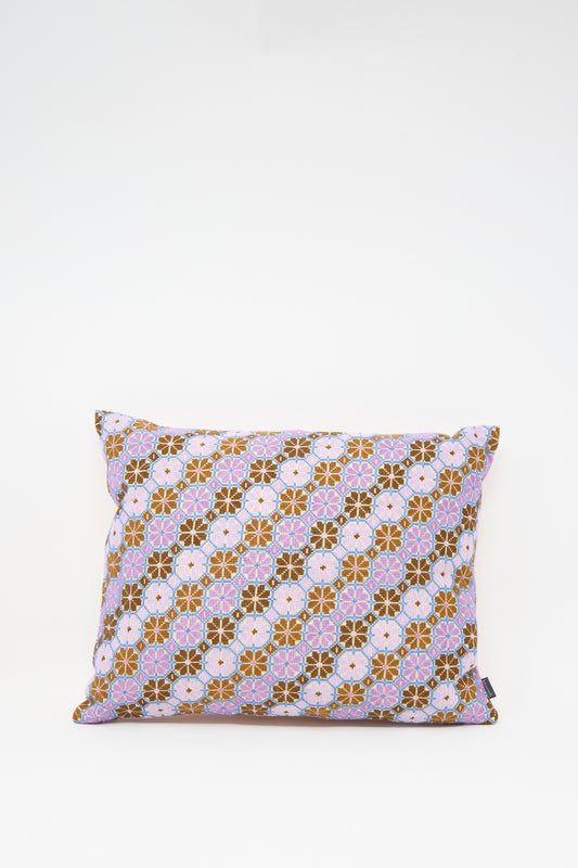 The Kissweh Damask Rose Hand Embroidered Pillow in Lilac and Cognac features a geometric floral design on white and includes a plush down feather insert for comfort.