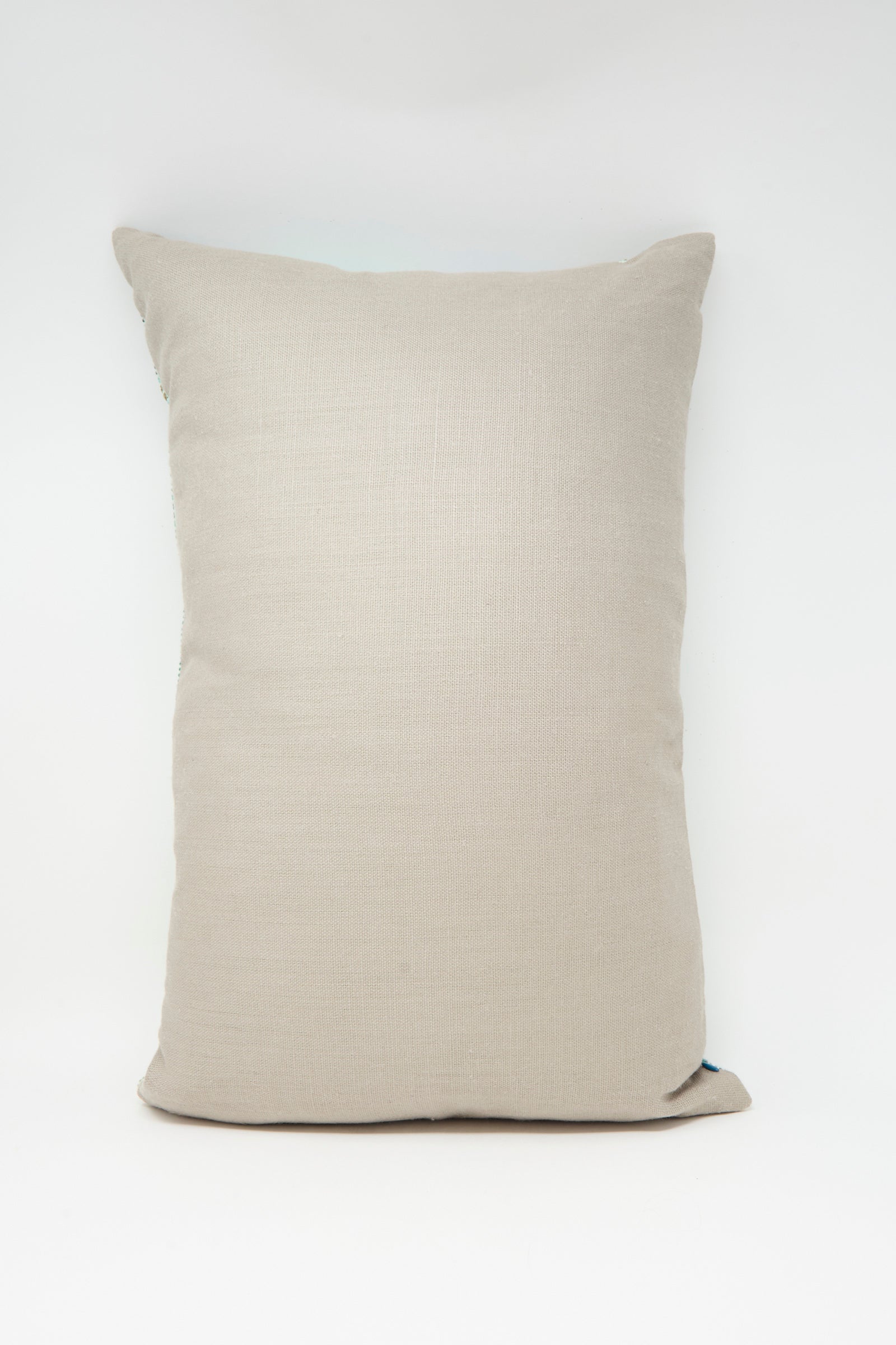 The Hanan Hand Embroidered Pillow in Acqua I by Kissweh, featuring detailed embroidery and a plush down feather insert, is displayed upright against a white background.
