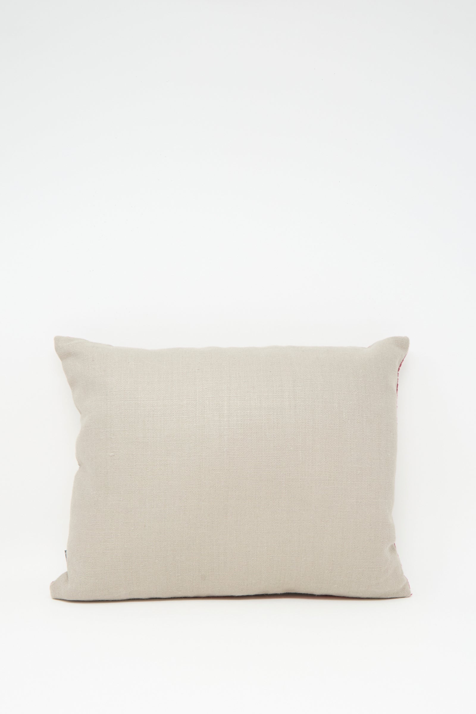 The Kissweh Imm Omar Hand Embroidered Pillow in Beige and Chocolate, featuring a down feather insert, is shown against a white background.