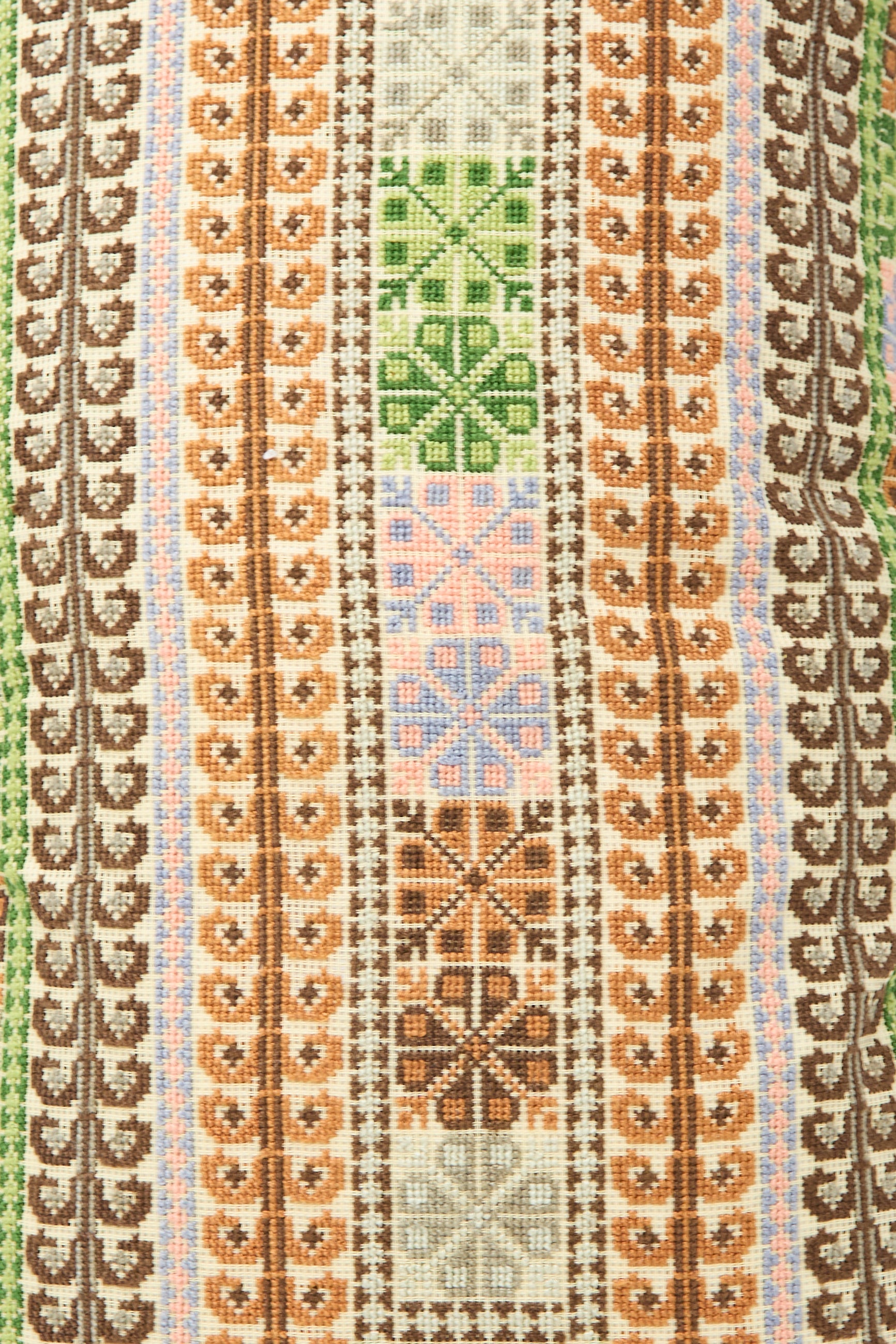 Close-up of a textile pattern featuring vertical stripes with repetitive motifs in pastel colors, including green, pink, brown, and beige. The design includes floral and geometric elements, beautifully suited for the Yasmin Hand Embroidered Pillow in Olive and Slate crafted from luxurious Belgian linen by Kissweh.