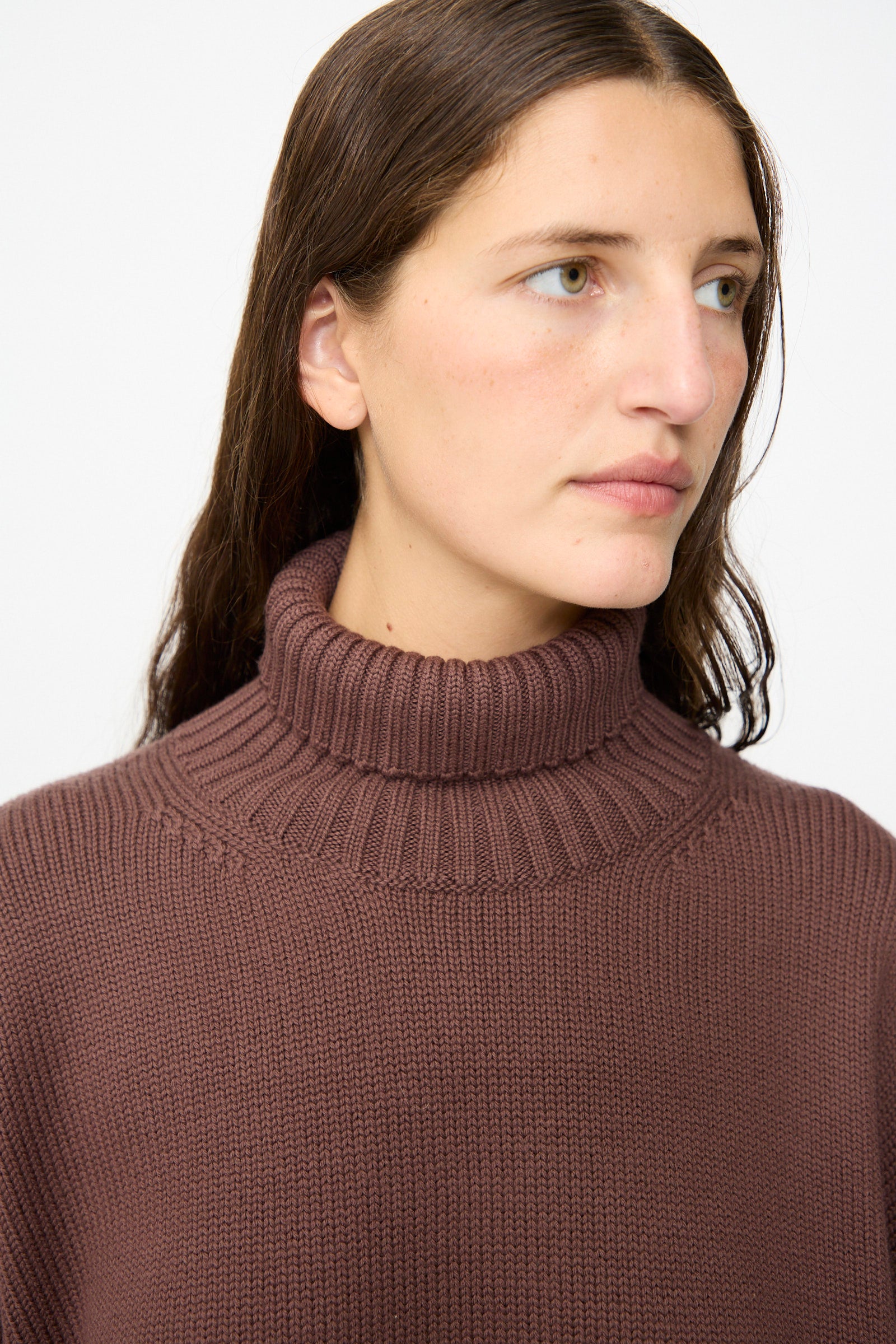 A person with long brown hair wears the Fiore Sweater in Sasso by Labo.Art, a brown ribbed turtleneck crafted from Italian cashwool knitwear, and looks slightly to the side against a plain background.