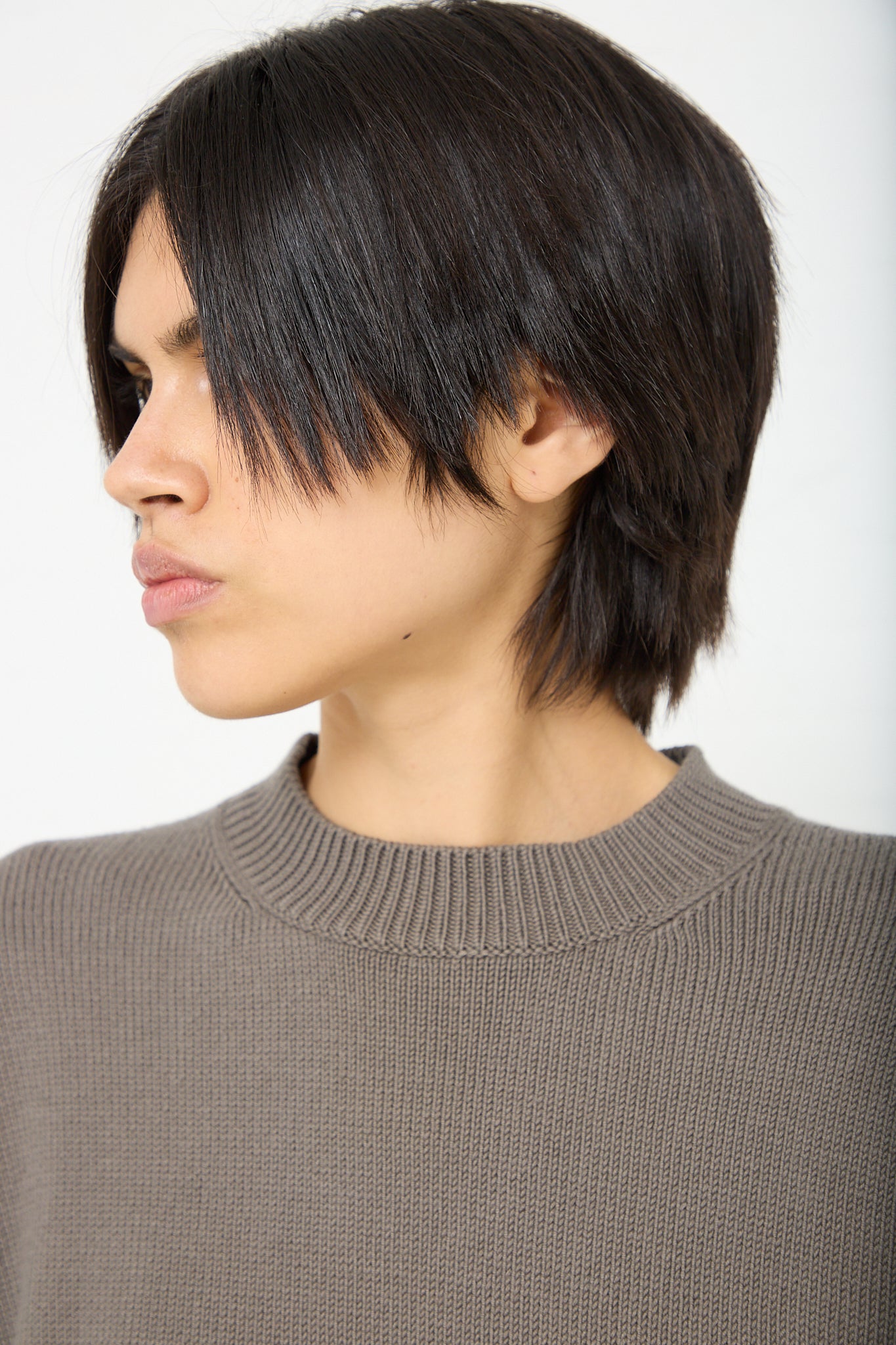 A woman wearing a Lauren Manoogian Simple Crewneck in Rock (Olive Brown). Front view and up close.