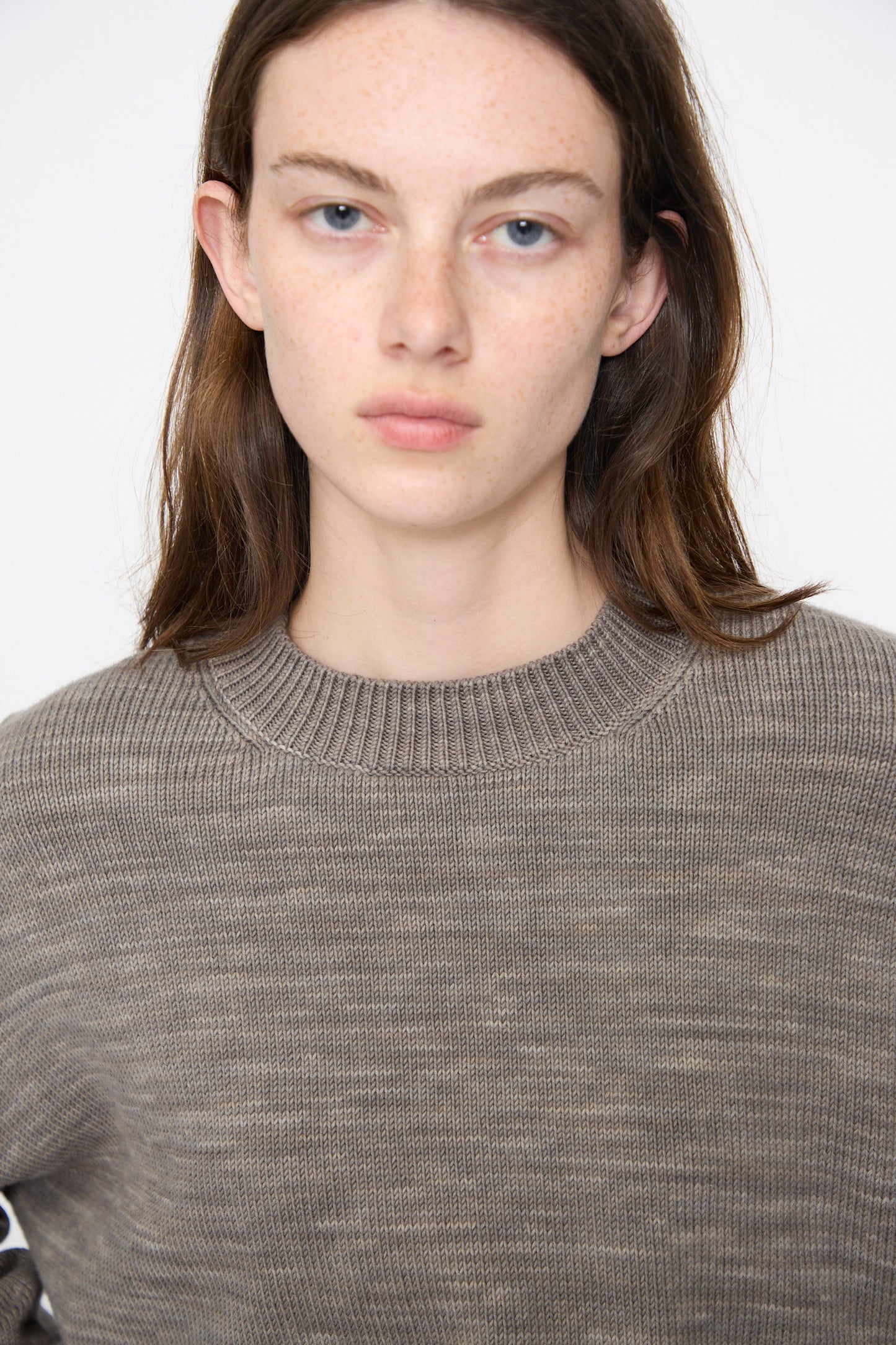 A woman with brown hair and blue eyes wears the Lauren Manoogian Watercolor Crewneck in Rock.