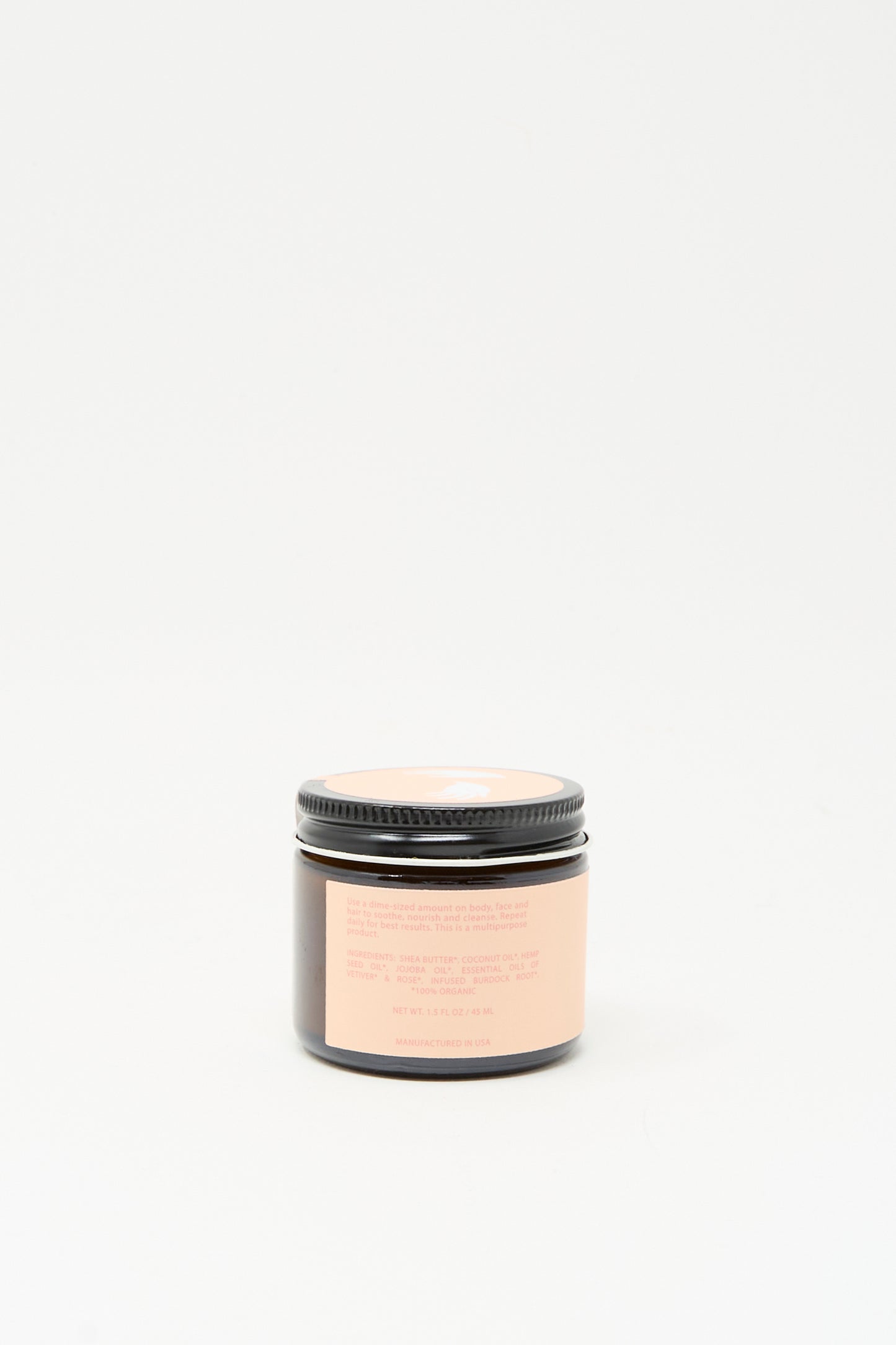 Lauren's All Purpose Rose Vetiver Salve comes in a 45ml small amber glass jar with a black screw lid and light pink label, shown against a plain white background.