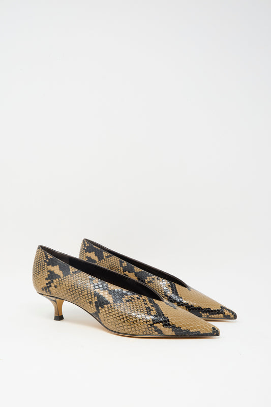 The Le Monde Beryl Babouche Kitten Heel in Fango features pointed toes and beige-black snake embossed leather, shown on a plain white background.