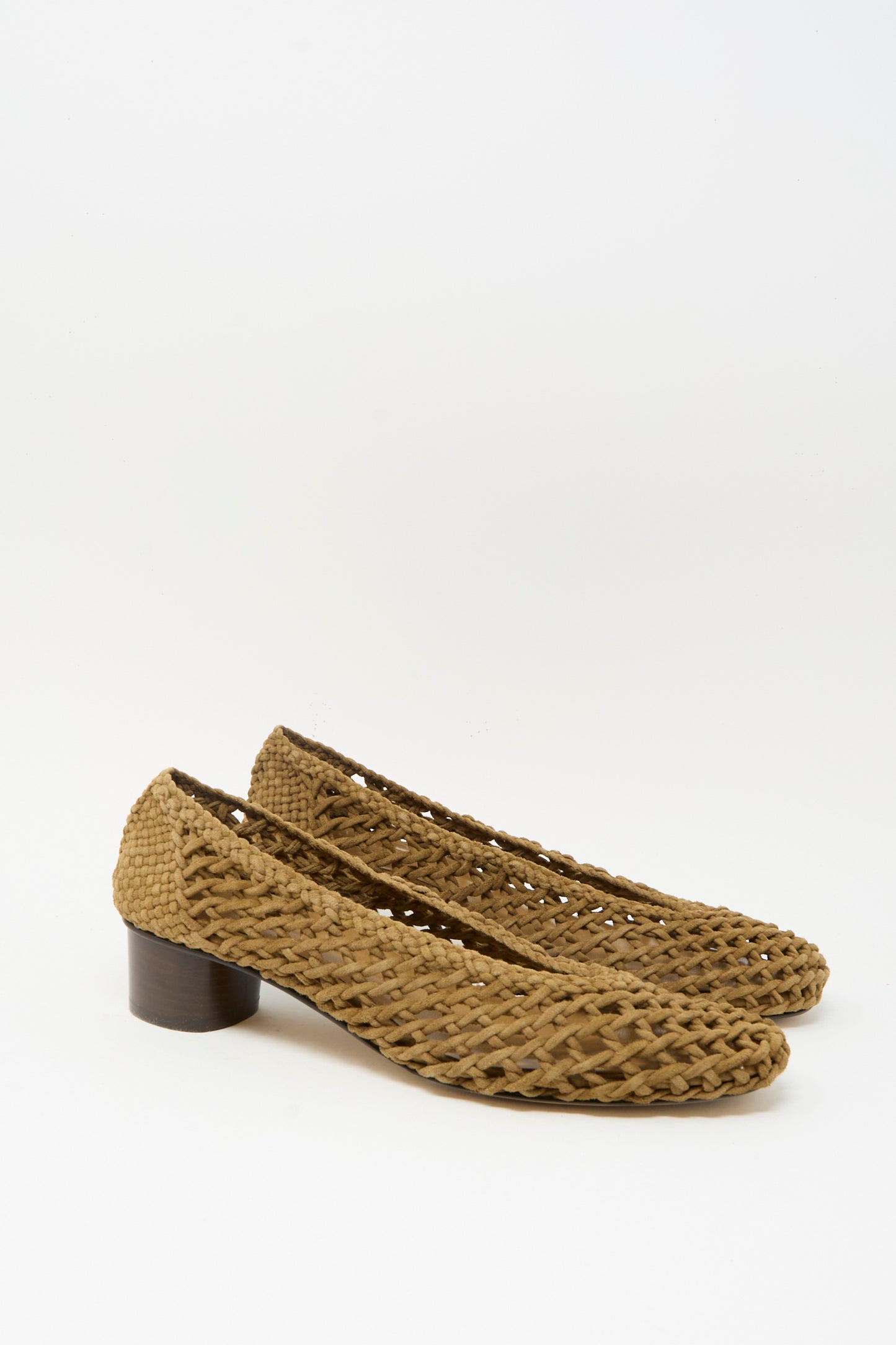 A pair of Le Monde Beryl Knotted Ballet Pumps in taupe, featuring a woven suede slip-on design with low block heels, displayed side by side on a plain white background.