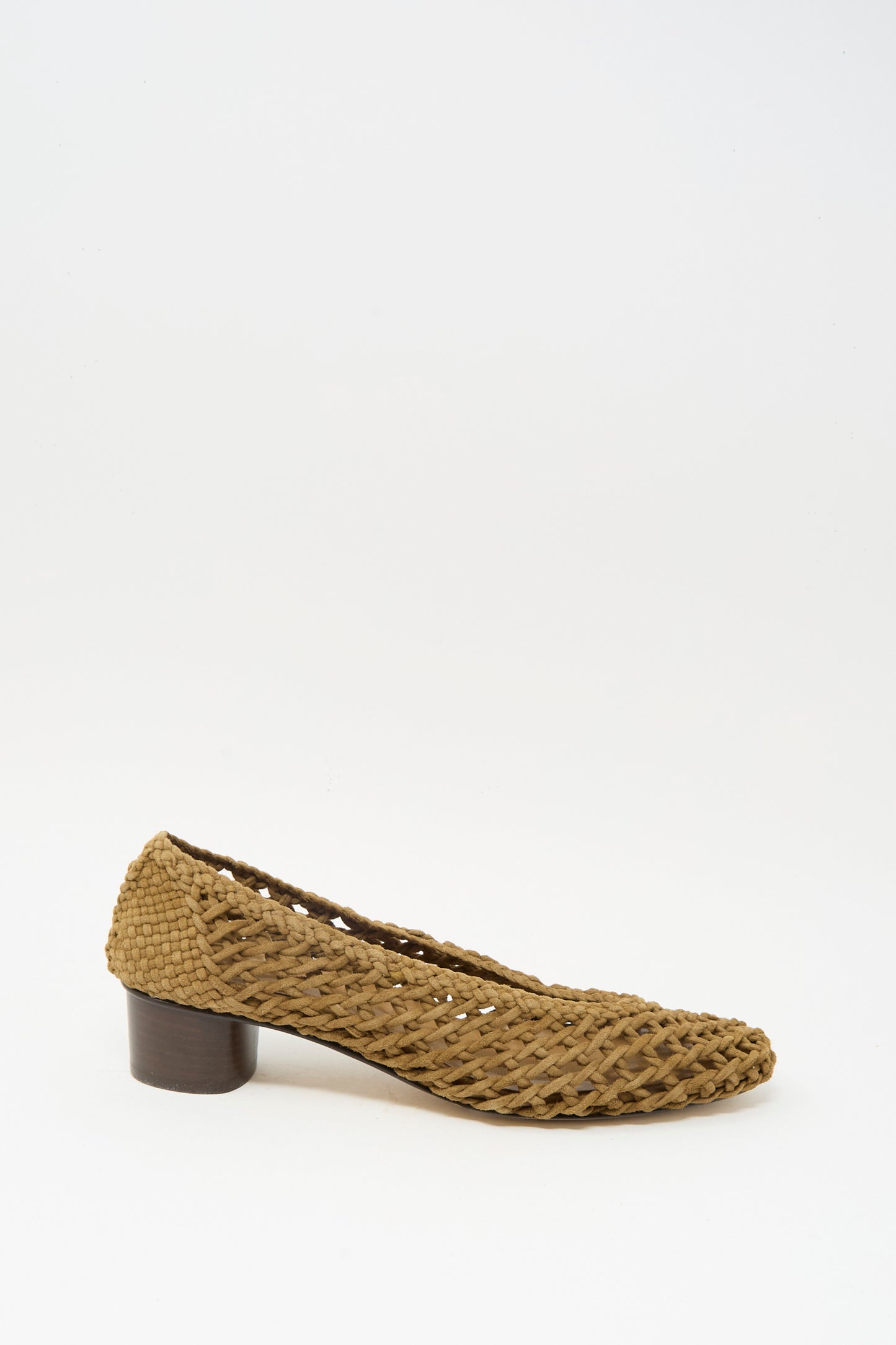 The Le Monde Beryl Knotted Ballet Pump in Taupe features a woven suede design and a low block heel, shown against a plain white background.