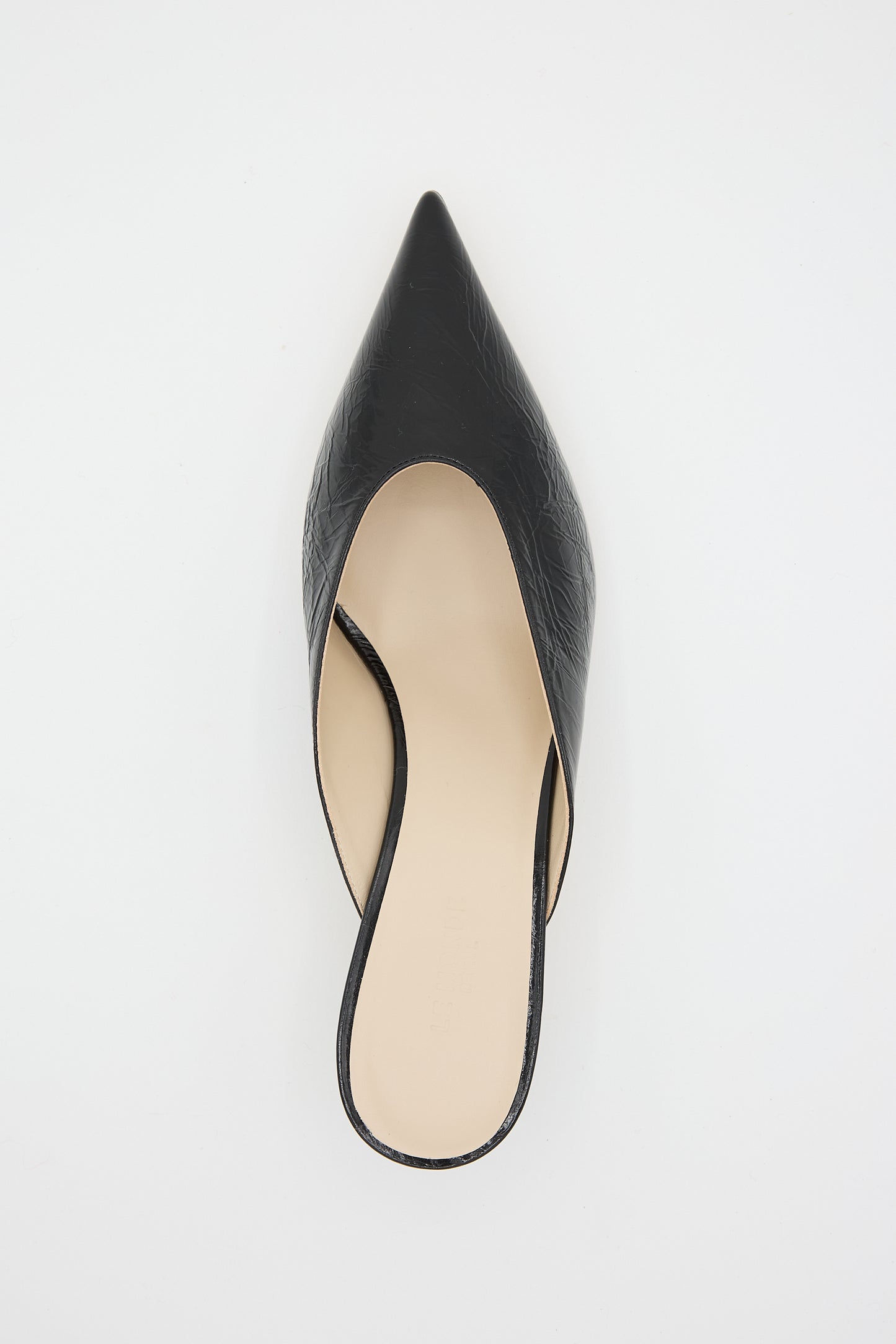 A single Naplack Leather Venetian Kitten Heel from Le Monde Beryl, featuring a black pointed-toe design with a crinkled leather finish and an open back, displayed on a plain white background.