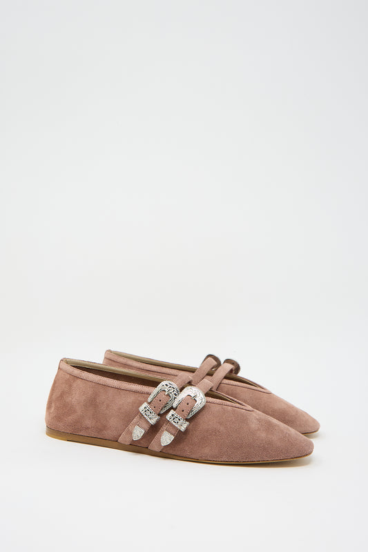 A pair of the Suede Ballet Claudia Slippers in Pink from Le Monde Beryl are displayed against a plain white background. 