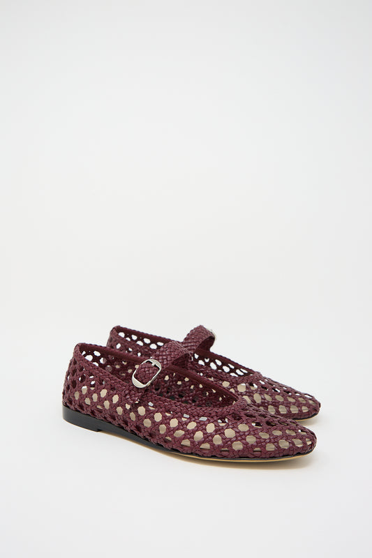 Pair of Le Monde Beryl Woven Leather Mary Jane in Red flats on a white background.