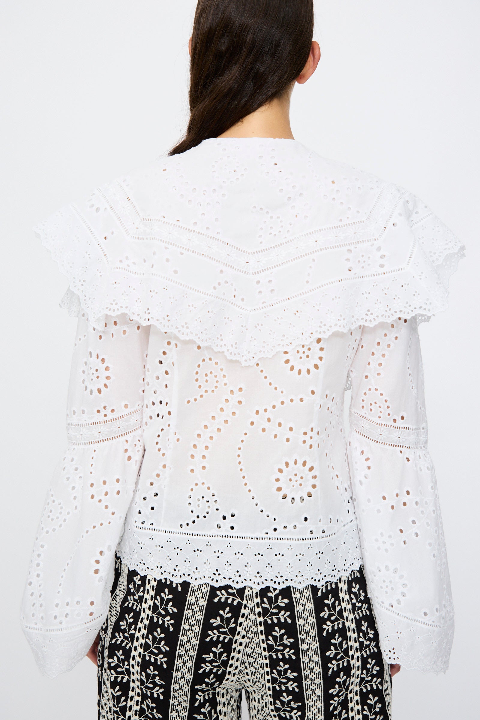 A person faces away, wearing the Loretta Caponi Azzurra Shirt in Constellation Sangallo—white eyelet lace with ruffled shoulders and a maxi lace collar—paired with black patterned trousers against a plain background.