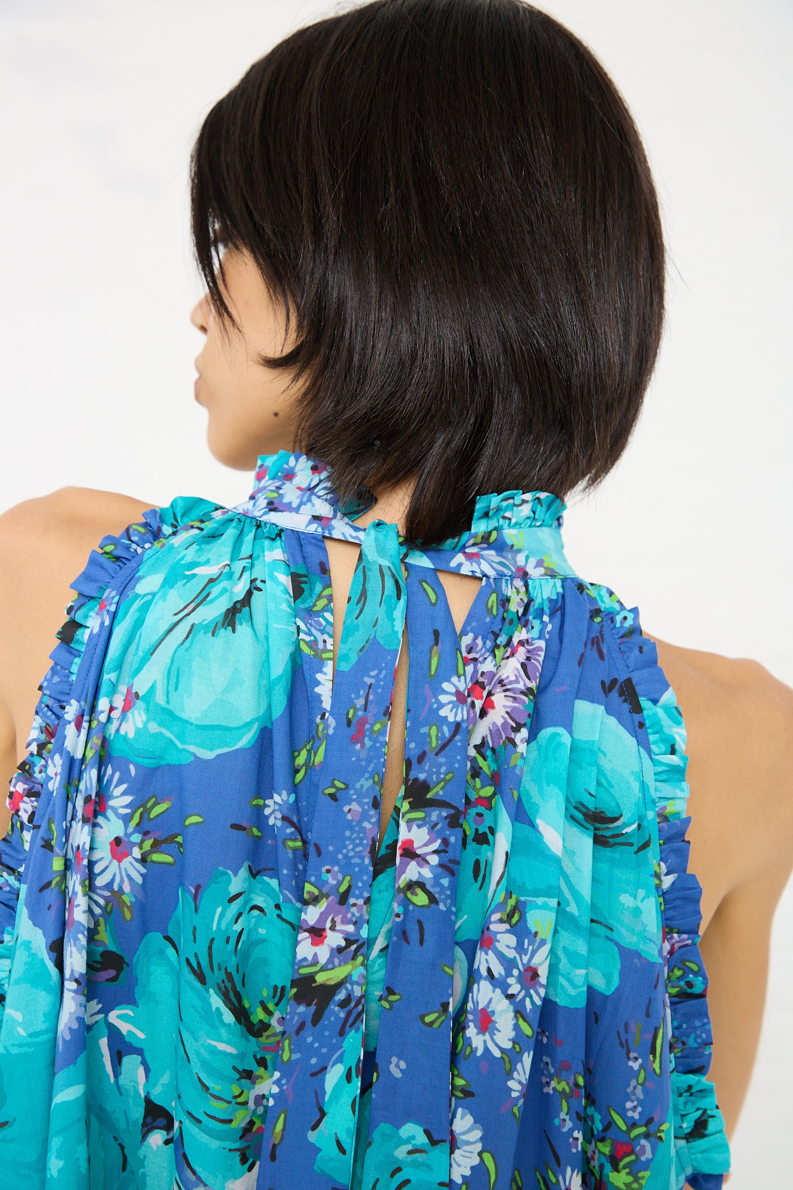 Person with short dark hair wearing a Loretta Caponi Melinda Dress in Sky of Roses, viewed from the back against a white background.