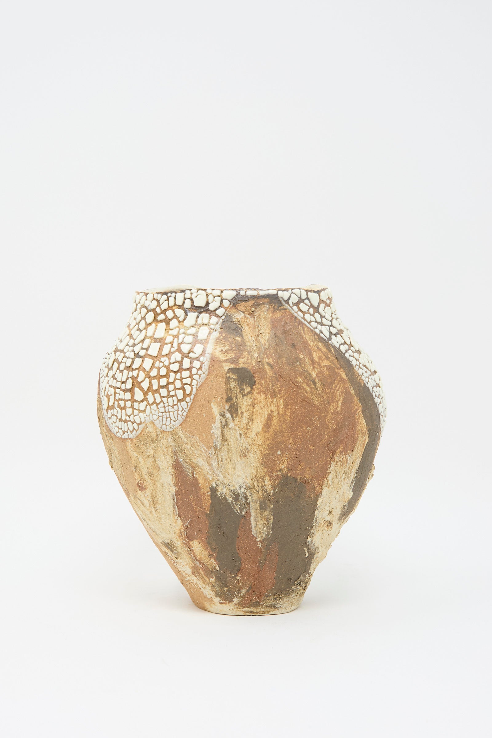 The Hand Built Textured Vessel in Terracotta Mix by Lost Quarry showcases a crackled white glaze on top against a plain white background.