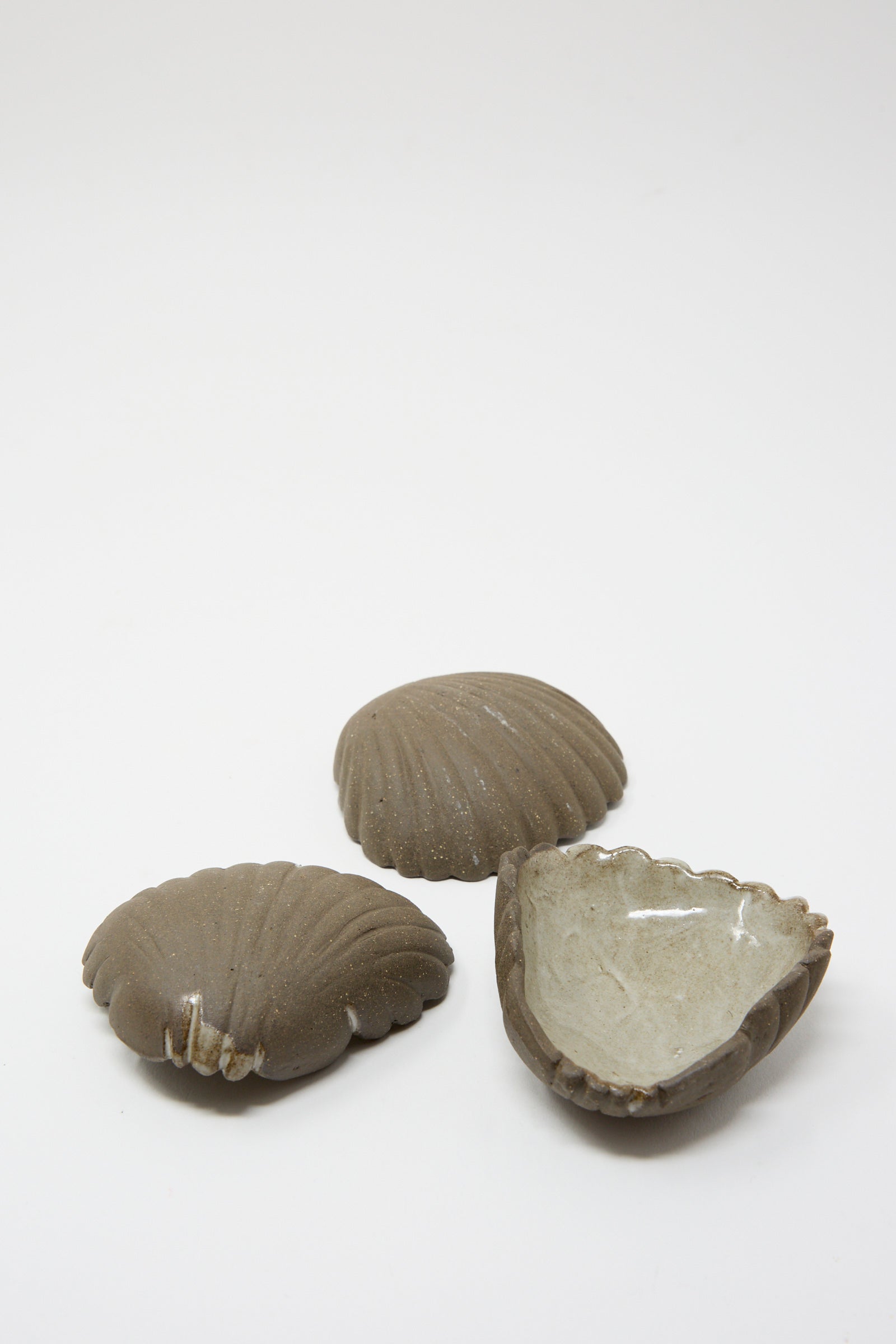 Three Small Ceramic Shell Dishes in brown with a light glaze, showcasing textured surfaces against a white background.