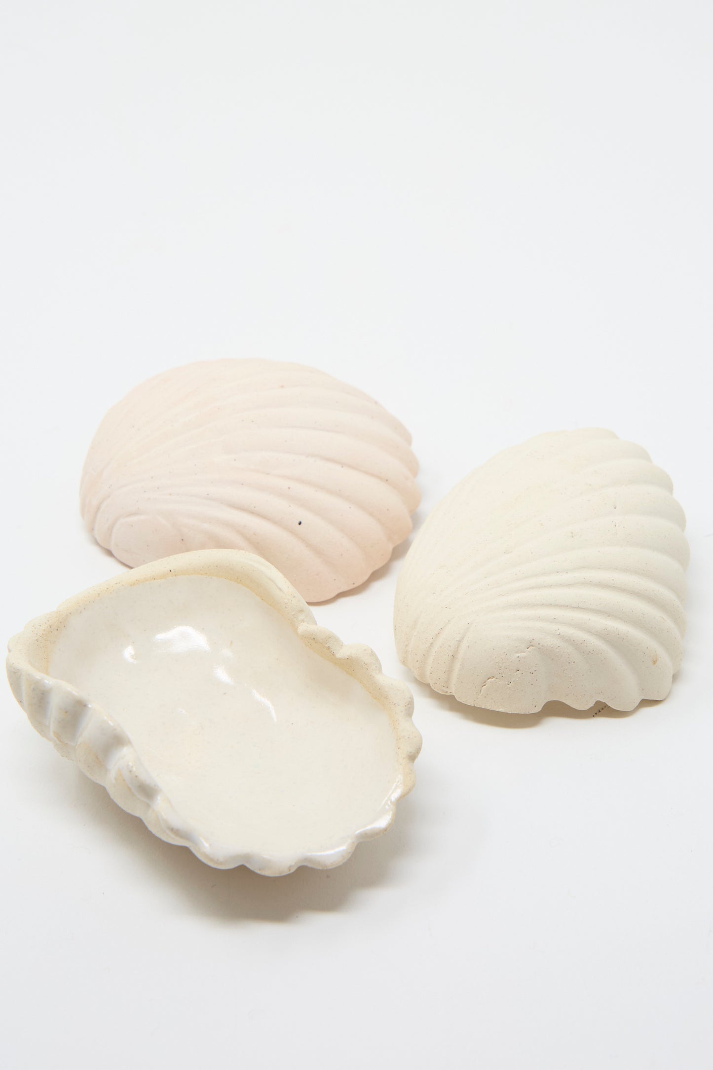 Three Small Ceramic Shell Dish in Cream by Lost Quarry lay against a plain background.