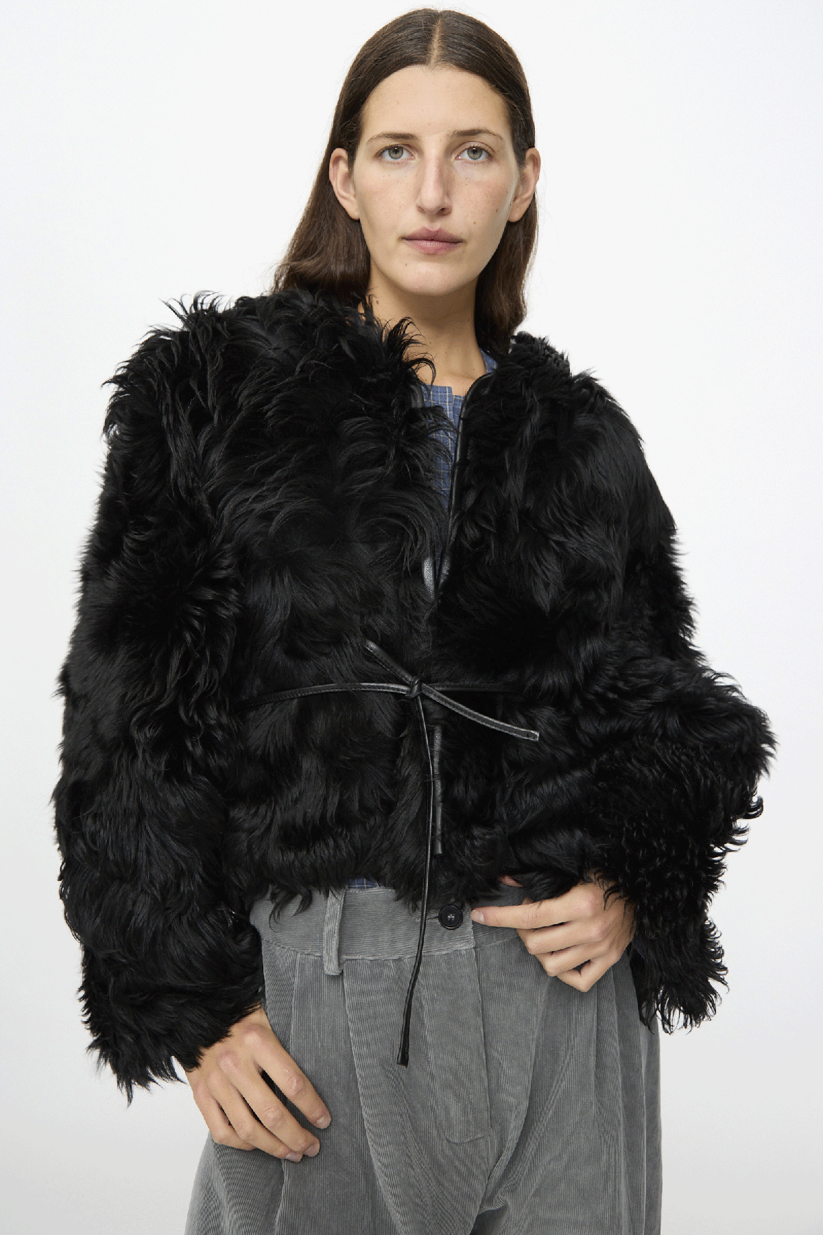 A gif of Milena Silvano's FW26 collection featuring tonal sheepskin and vegetable tanned leather.