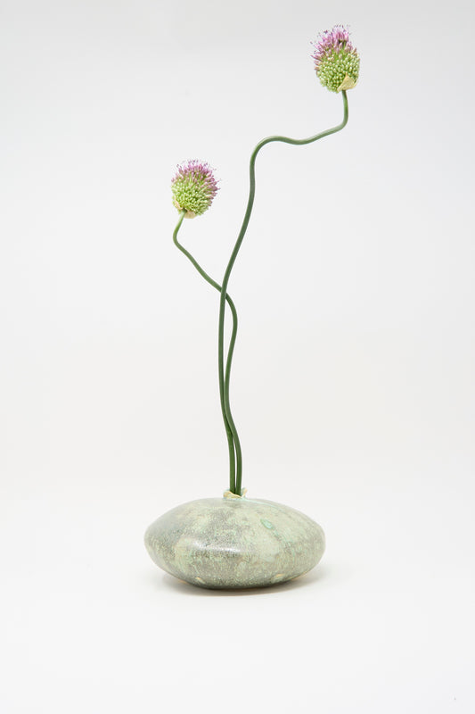 Two tall, curved green stems with round purple flowers are arranged in the Doyle Vase in Lichen by MONDAYS, a smooth handmade oval stone vase, set against a plain white background.