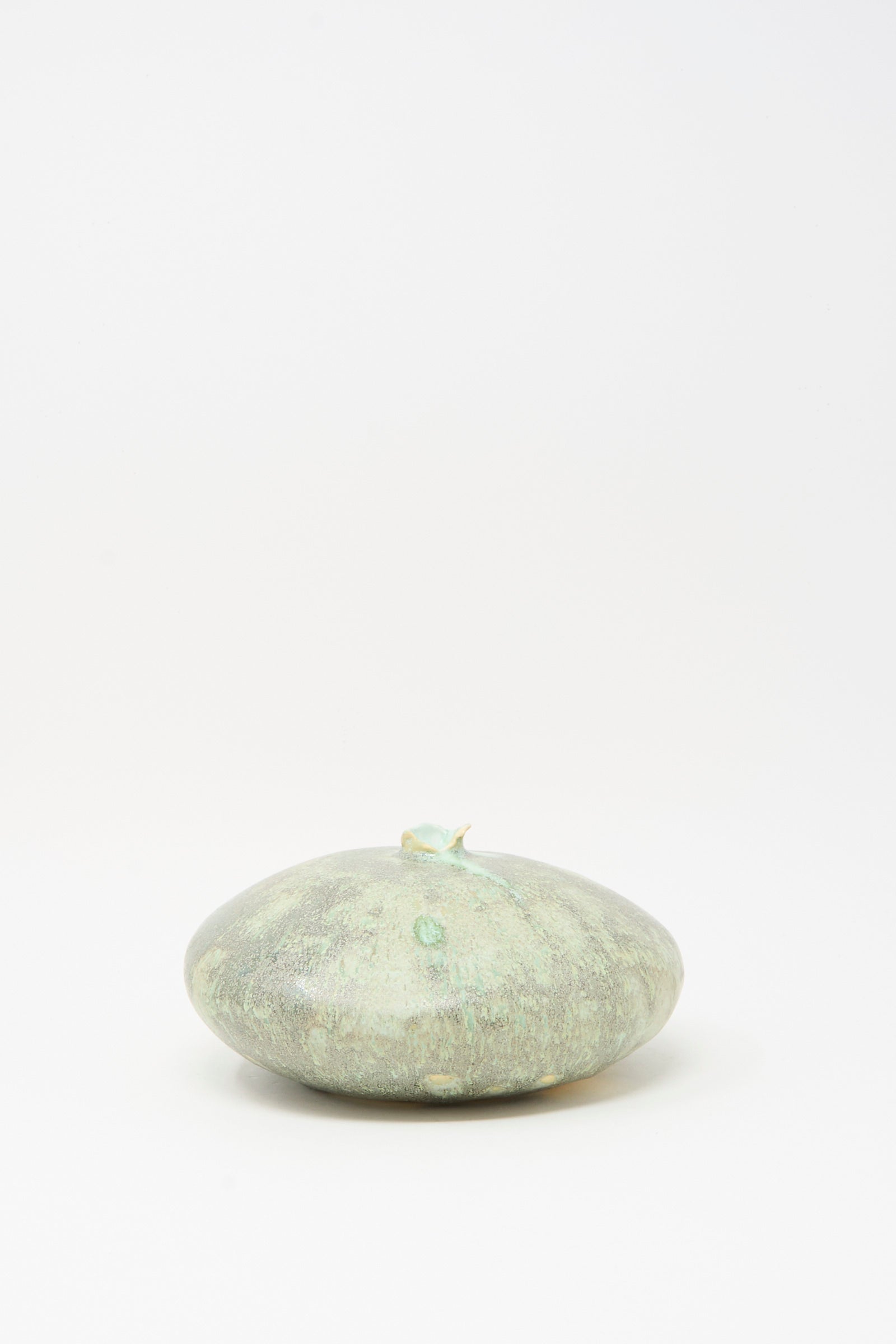 The MONDAYS Doyle Vase in Lichen, a round and flat piece with a short stem and smooth, light green surface, is centered on a plain white background, its glazed finish evoking the look of green clay.