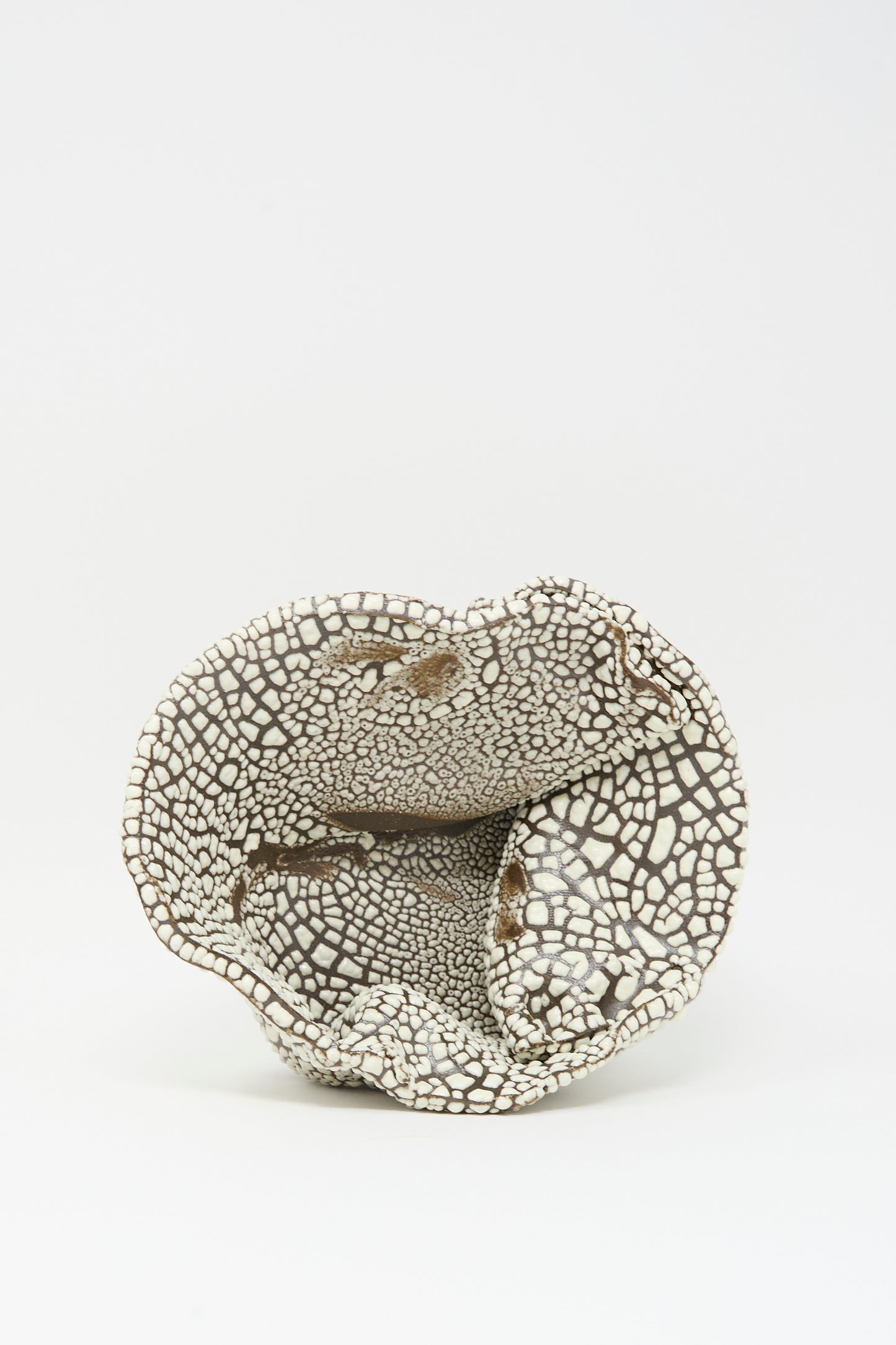 The MONDAYS Folded Bowl in Crawl III is hand-built in Brooklyn, featuring an irregular wavy rim and a textured surface with a cracked, brown-and-white mosaic glaze.